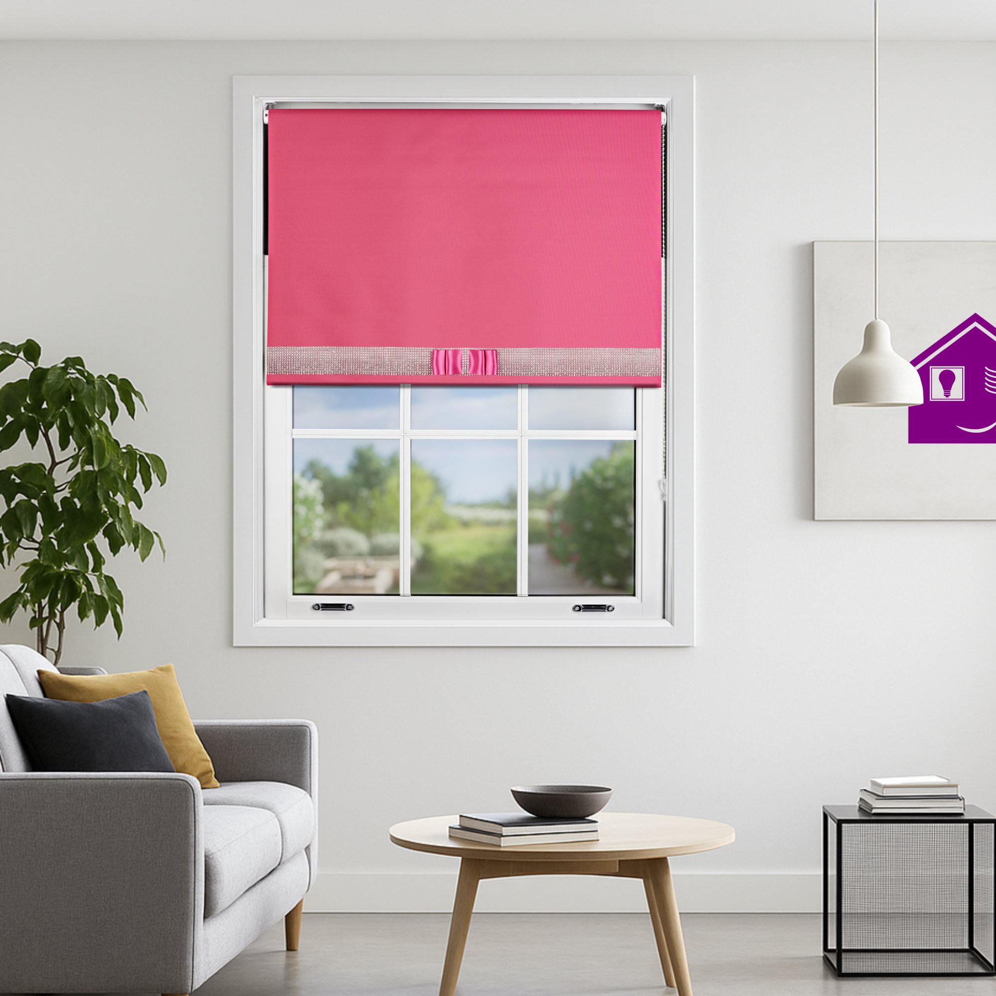 Furnished Fuchsia Blackout Roller Blind Diamante Strip and Bow - 60 x 210cm