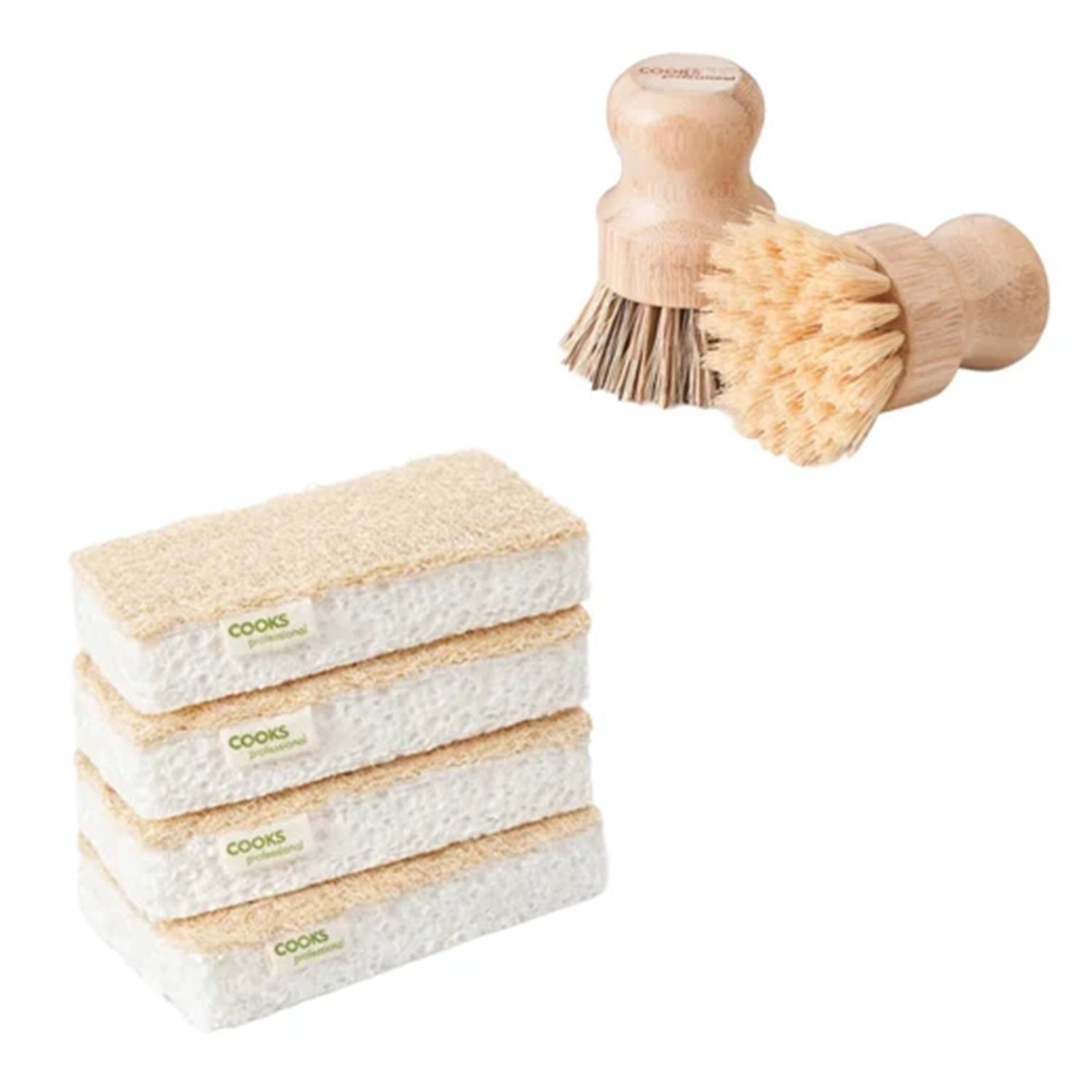 Cooks Professional Set of 4 Natural Scourer Sponges & 2 Bamboo Pot Brushes