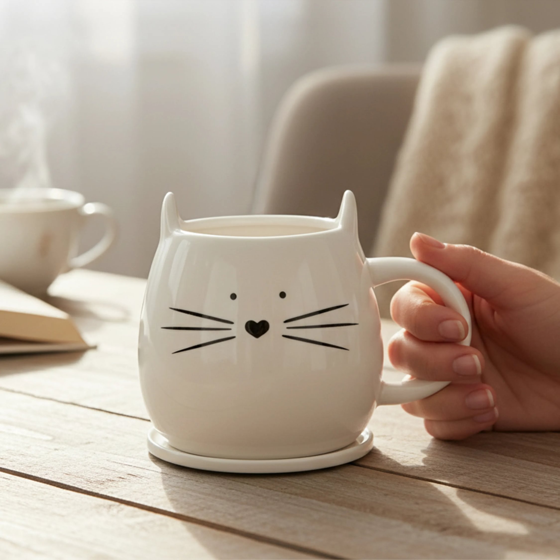 Orsina Ivory Cat Mug and Coaster – White