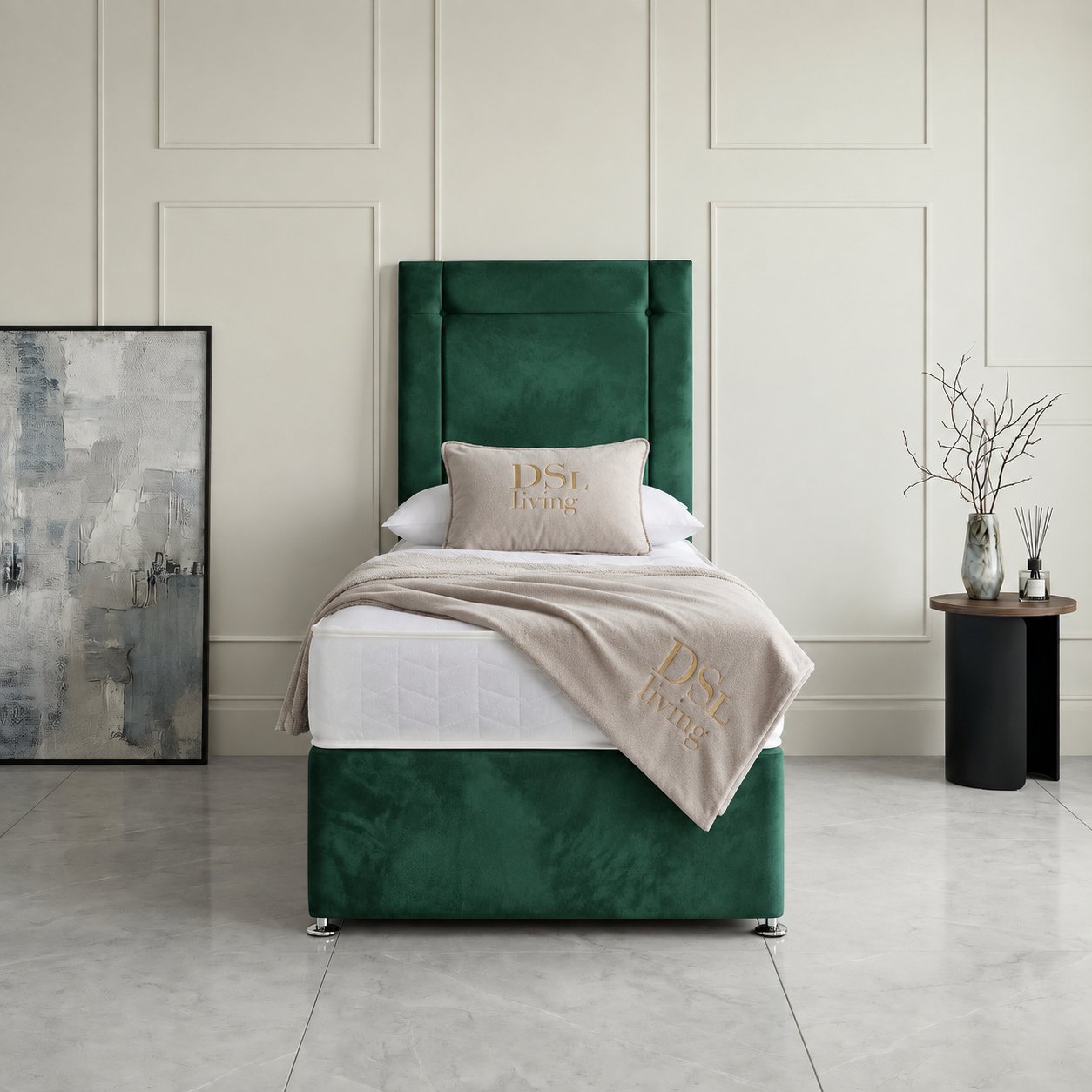 DS Living Kingsley Single Upholstered Divan Bed Frame - Green