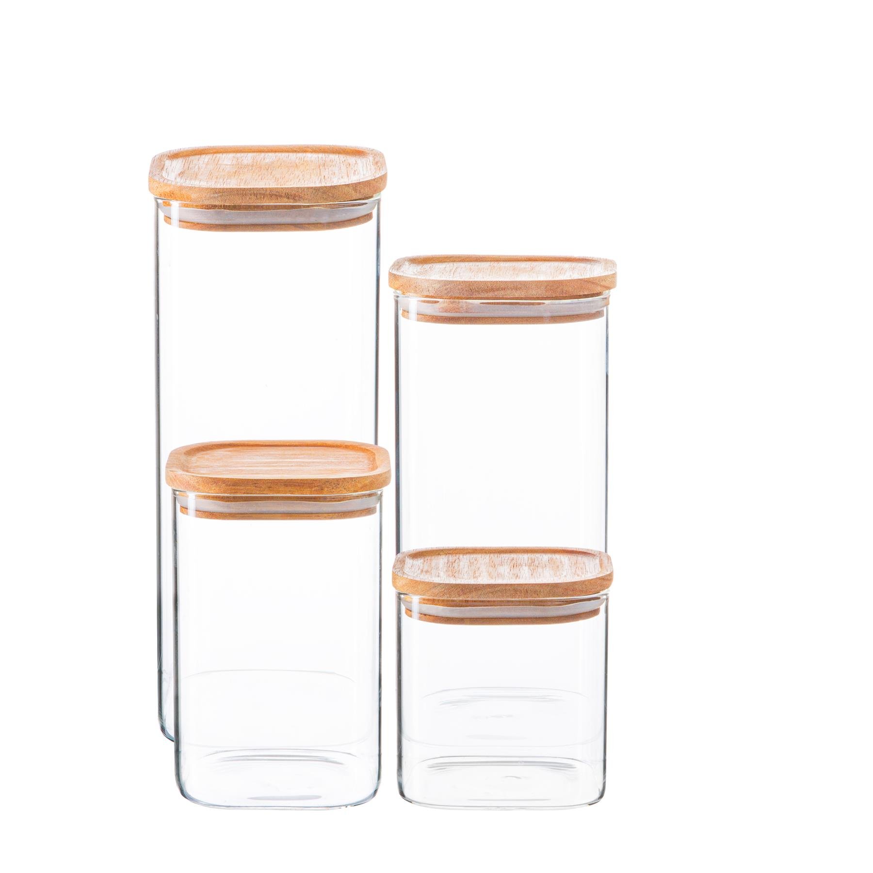 Argon Tableware 4 Piece Square Glass Storage Jars Set with Wooden Lids