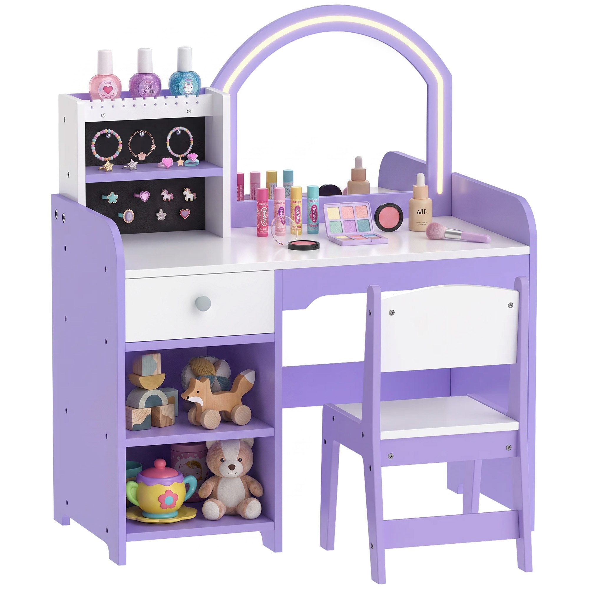 AIYAPLAY 3-8 Years Light Mirror Jewellery Dressing Table and Stool Set – Purple