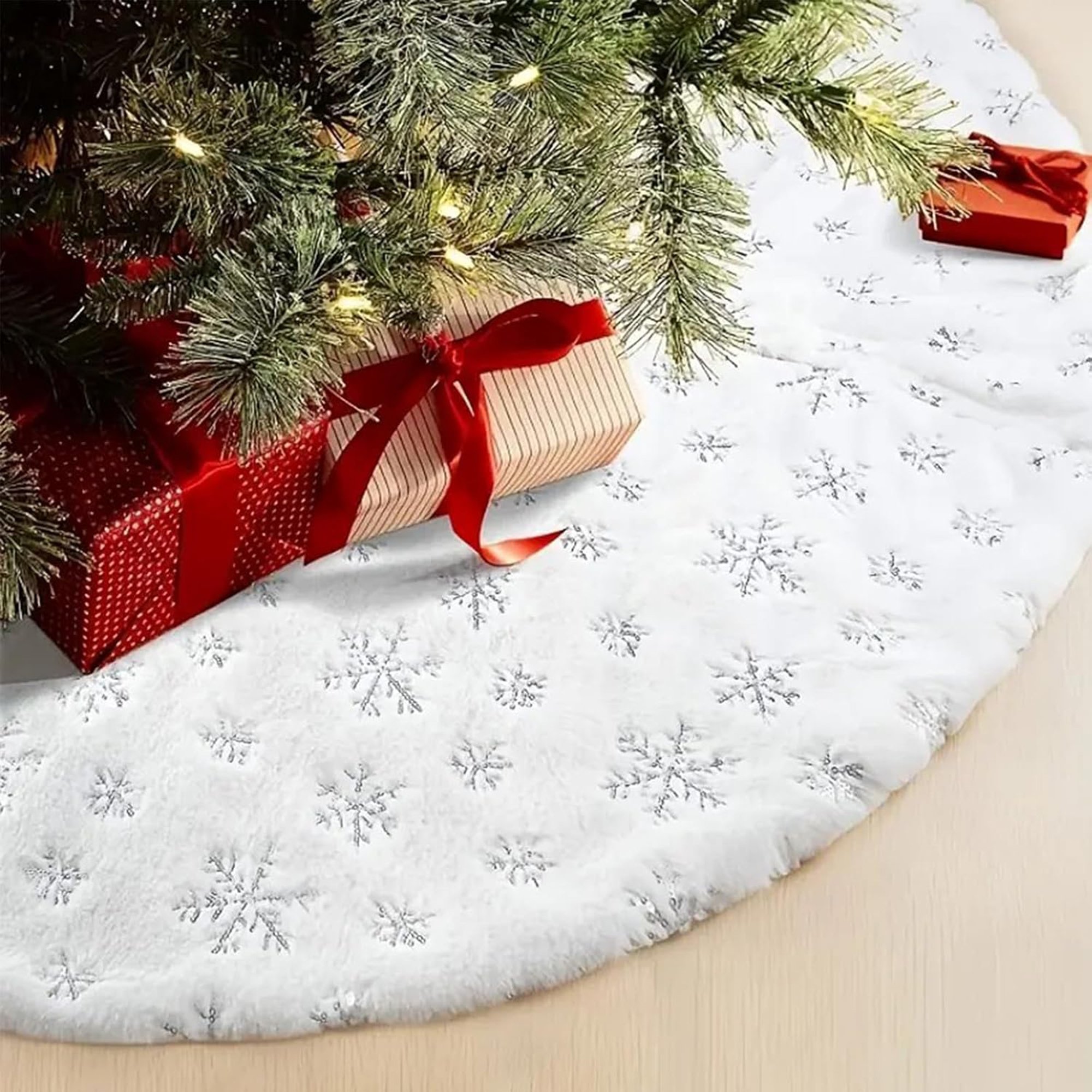 My Christmas White Plush Tree Skirt with Snowflake Sequin Design - 90cm