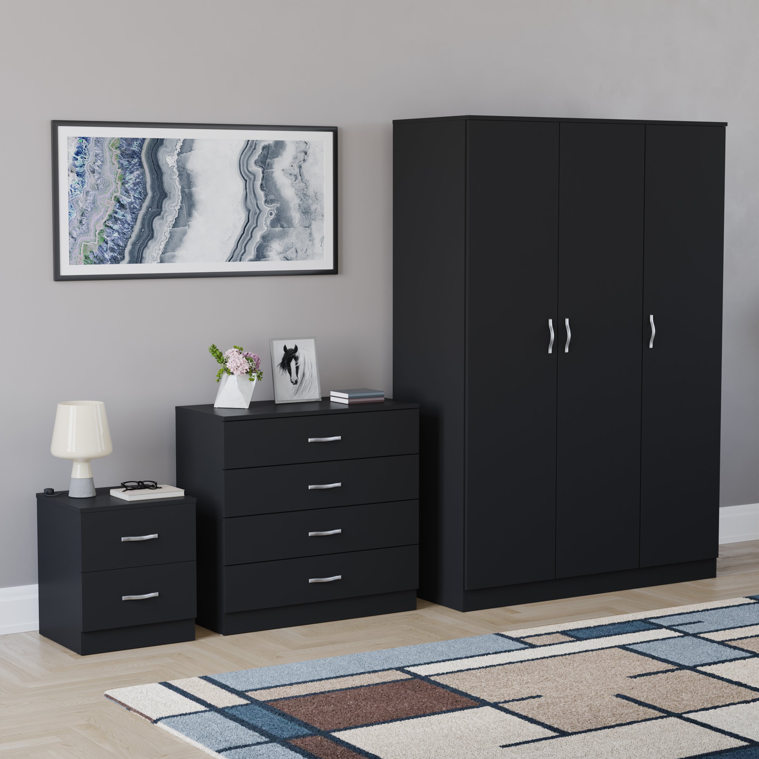 Vida Designs Riano Bedroom Set (Bedside, 4 Drawer Chest, 3 Door Wardrobe)- Black