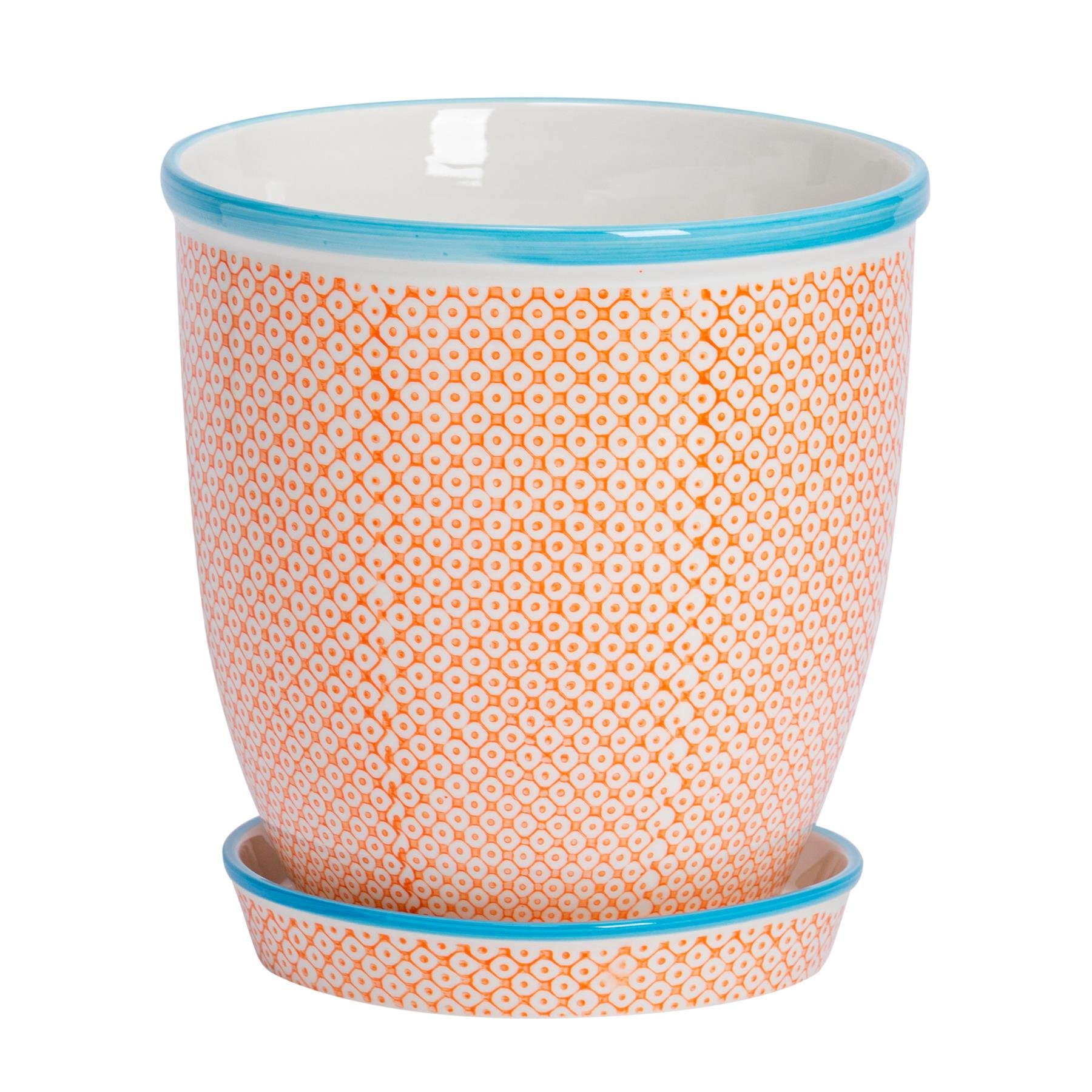 Nicola Spring Hand-Printed Plant Pot with Saucer - Orange