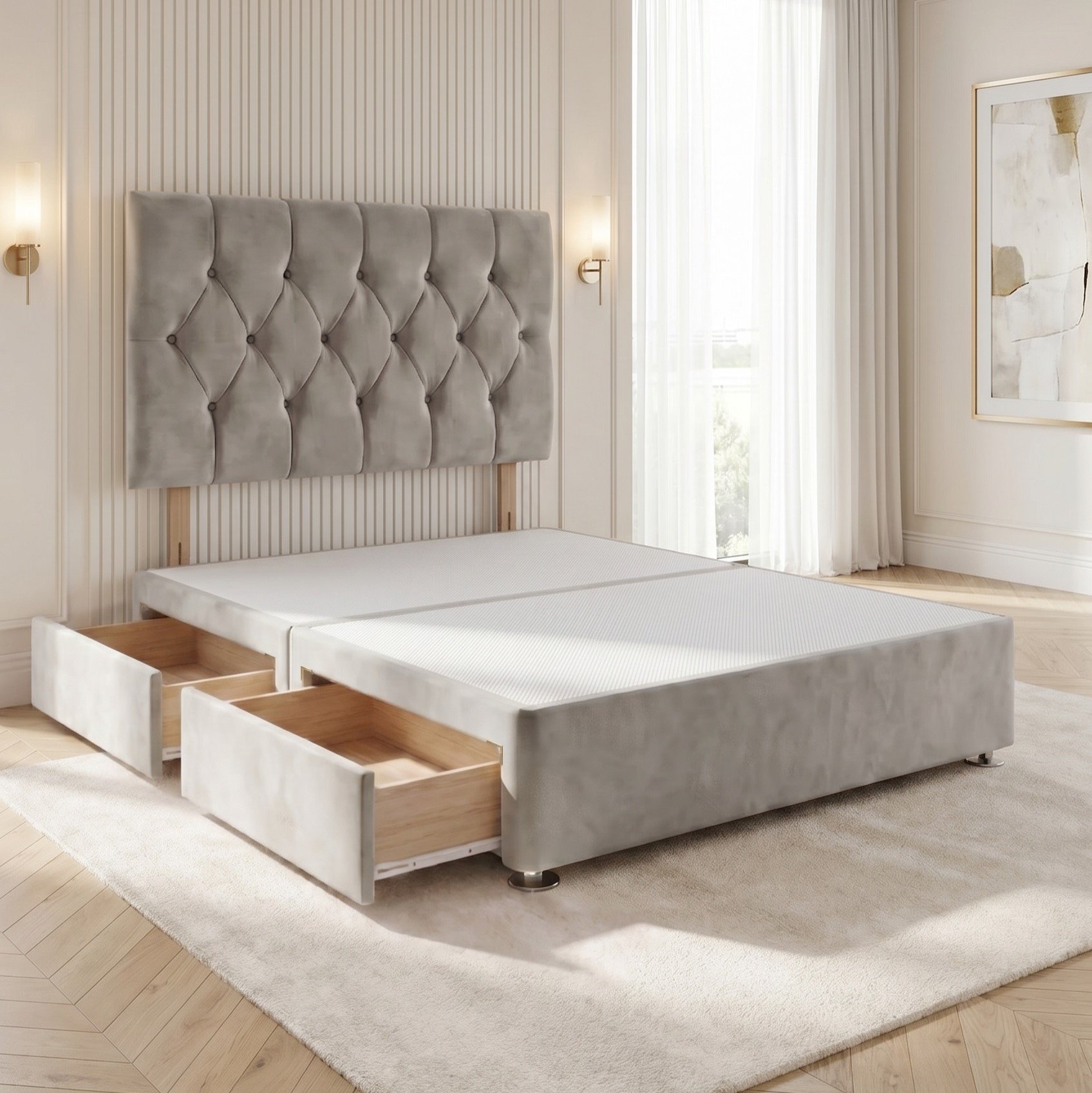 Somnior Chester Velvet Small Double 2 Drawer Divan Bed with Headboard - Silver