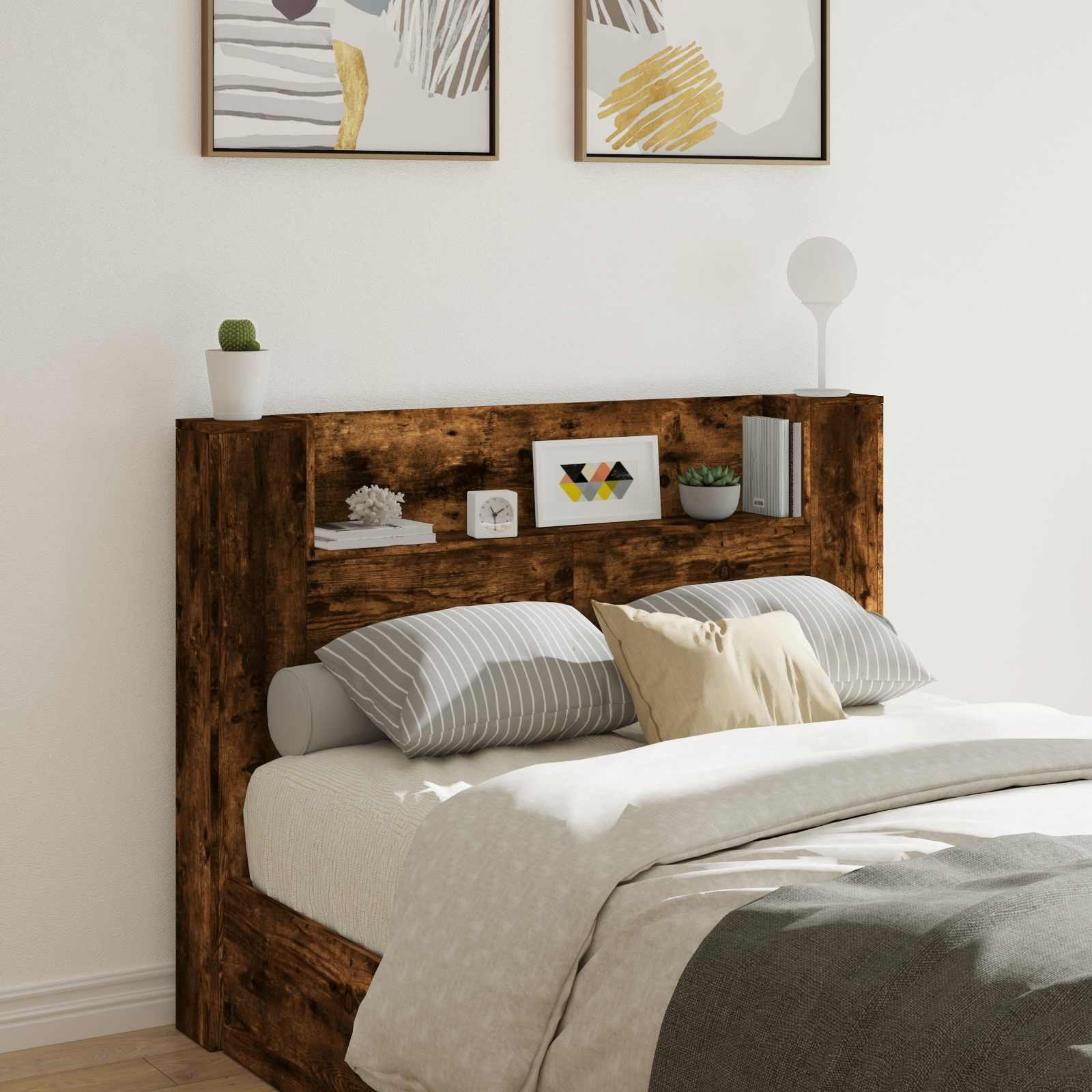 Walplus Wood LED Headboard Cabinet - Dark Oak - 140 x 16.5 x 103.5 cm