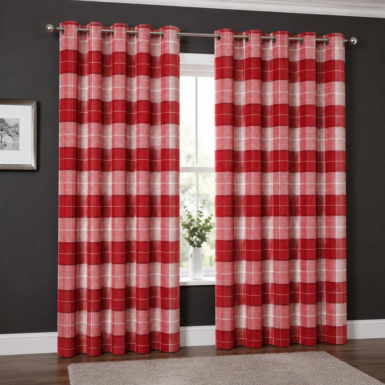 New Edge Blinds Red Printed Check Eyelet Curtains - 167cm x 229cm