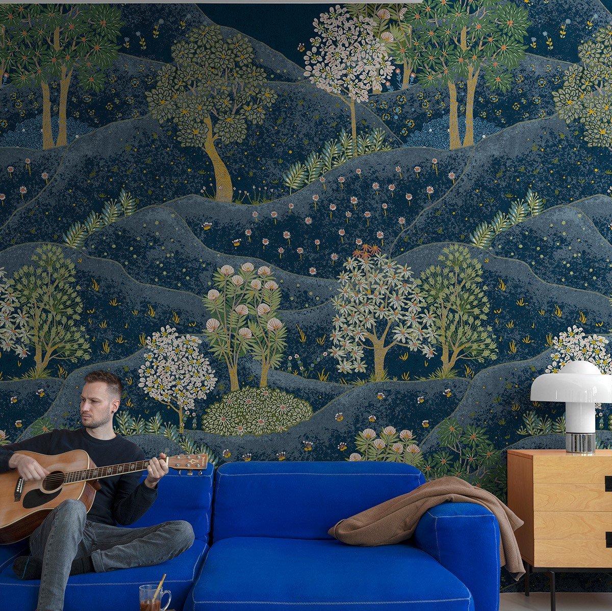 Grandeco Whimsy Landscape 3 Lane Repeatable wallpaper Mural  - Blue