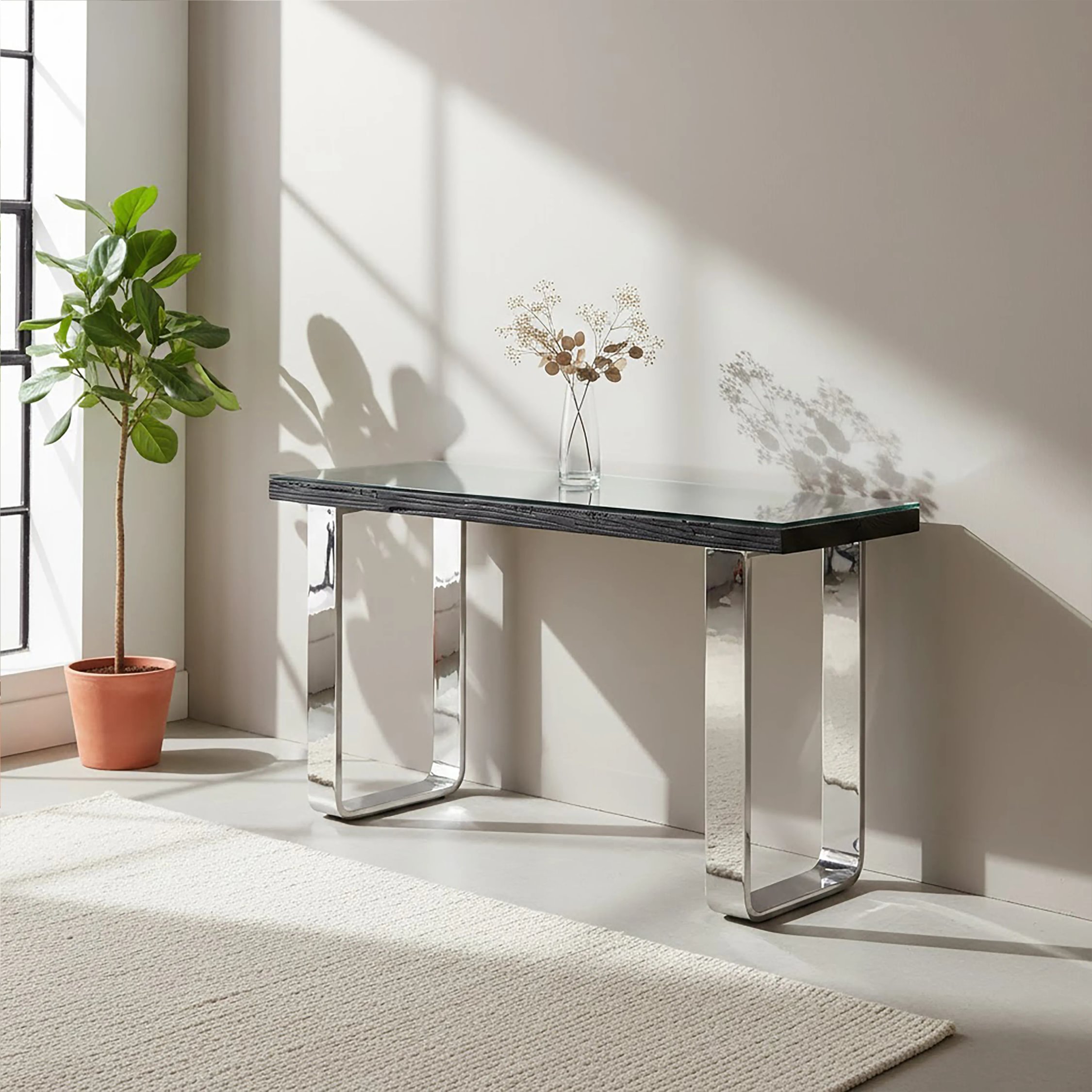 Orsina Kerala Recycled Wood Curved Legs Console Table – Black and Silver