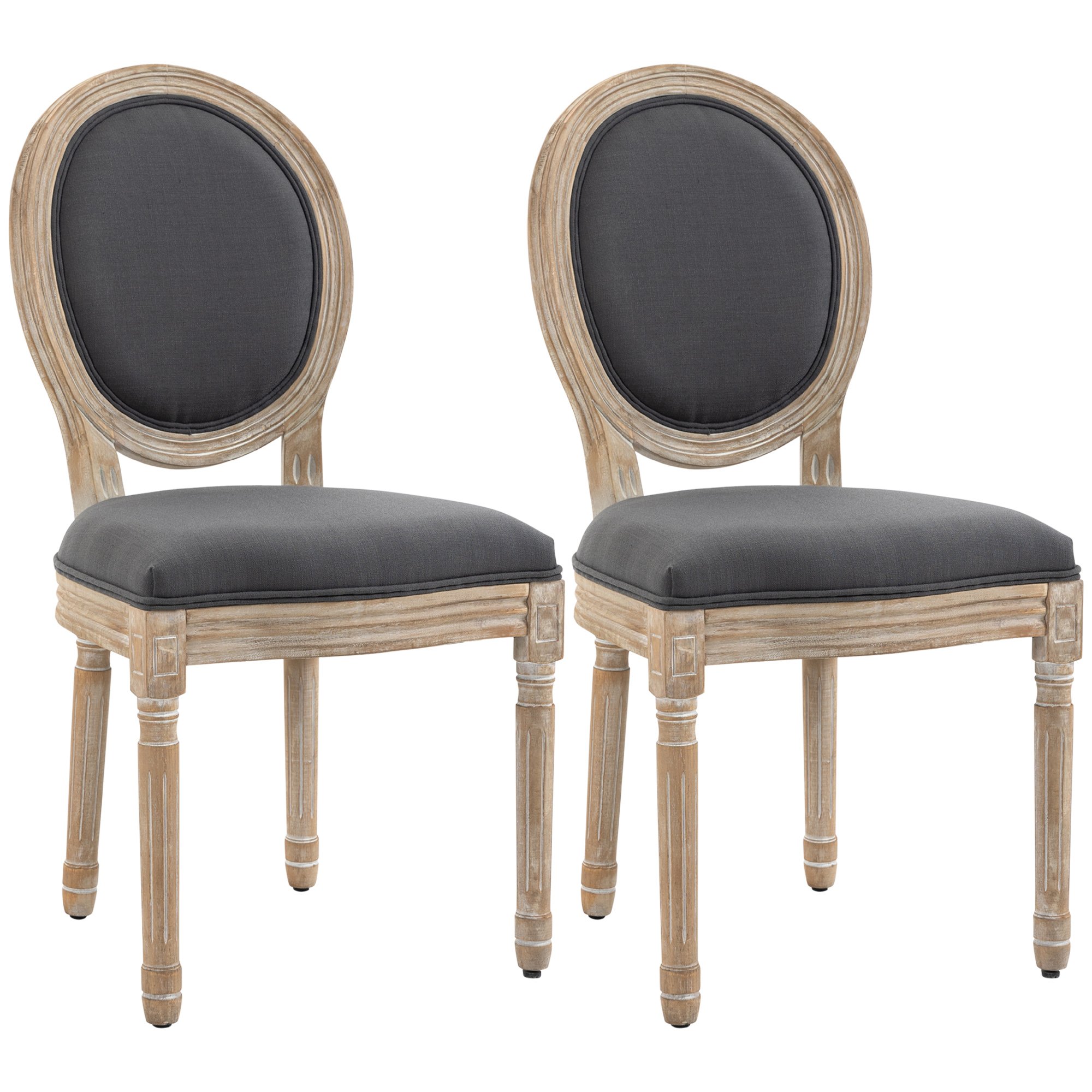 HOMCOM Set of 2 Linen Fabric Dining Chair with Round Backrest - Grey