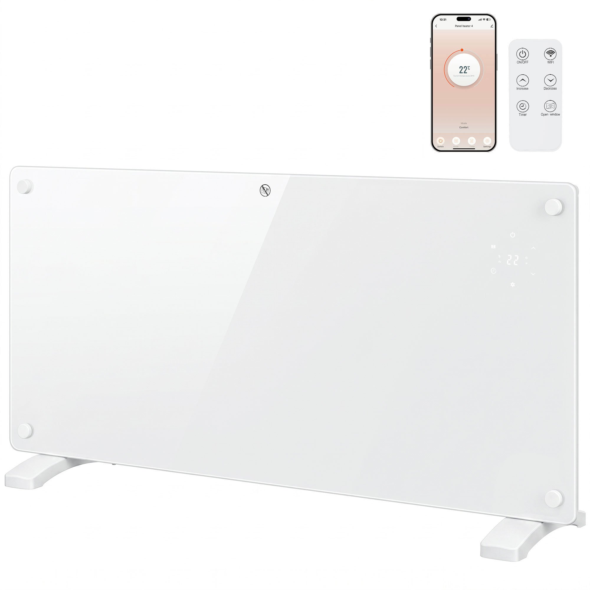HOMCOM 2000W Wifi Enabled Smart Glass Panel Heater Wall With Timer - White