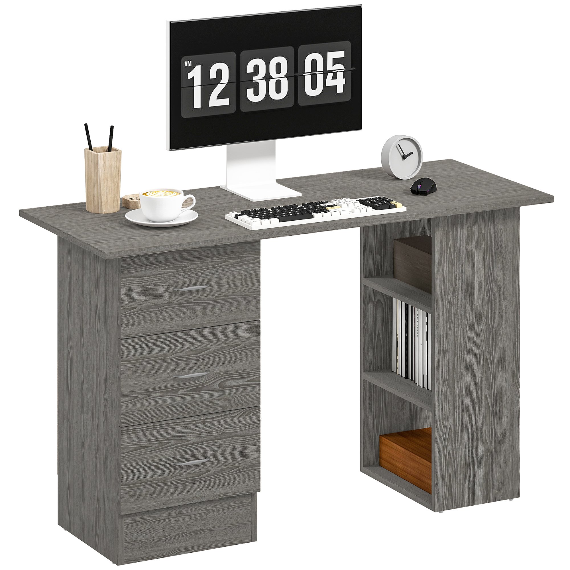 HOMCOM 3 Storage Shelves Computer Desk - Grey