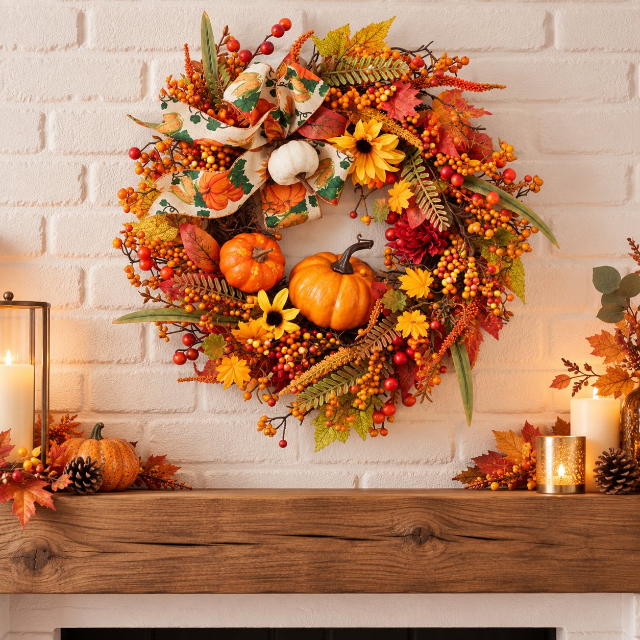 Neo 50cm Autumn Wreath with Pumpkins Berries and Sunflowers
