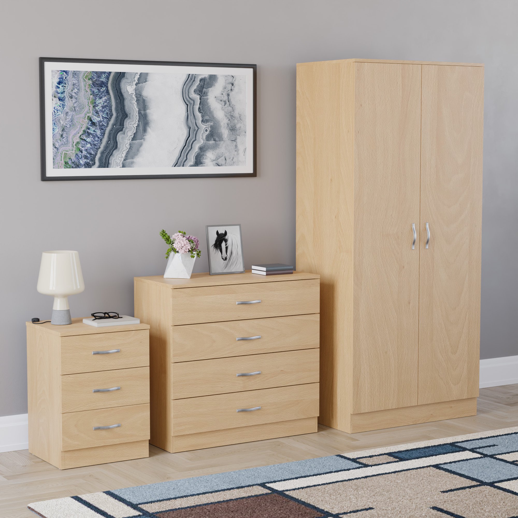 Vida Designs Riano Bedroom Set (Bedside, 4 Drawer Chest, 2 Door Wardrobe)-Pine