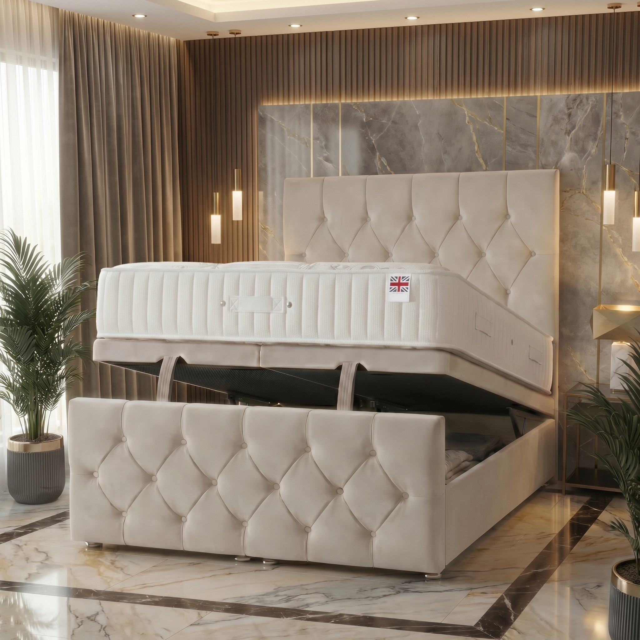 Somnior Chester Velvet Super King Ottoman Bed with Ortho Mattress - Ivory
