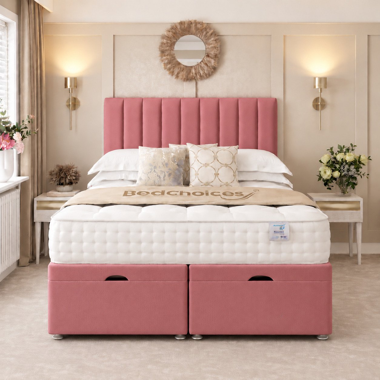 Bed Choices Apollo King Size Ottoman Divan Bed with 54" Headboard - Pink