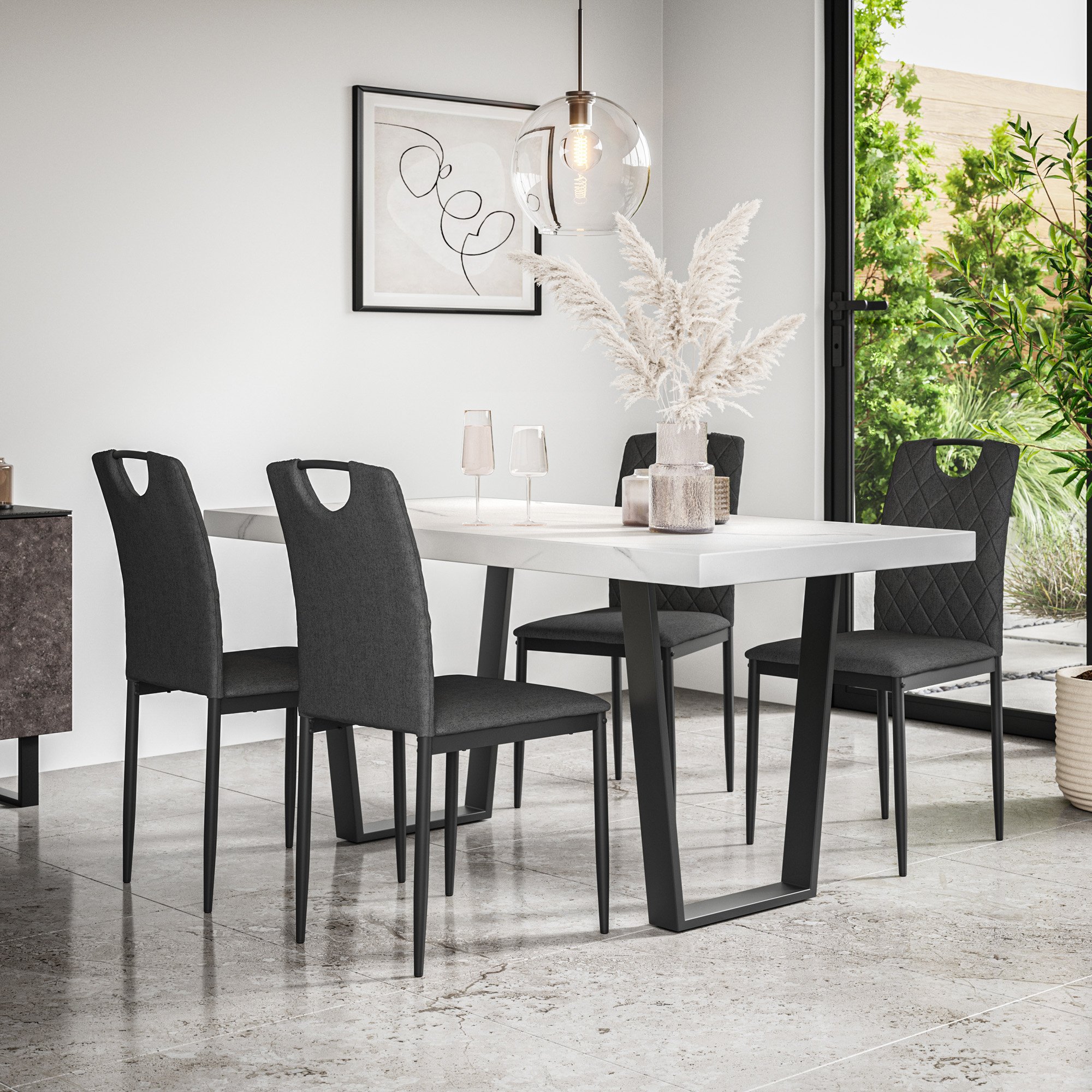 Furniture Online Aria Monza Marble Effect Dining Table & 6 Charcoal Chairs