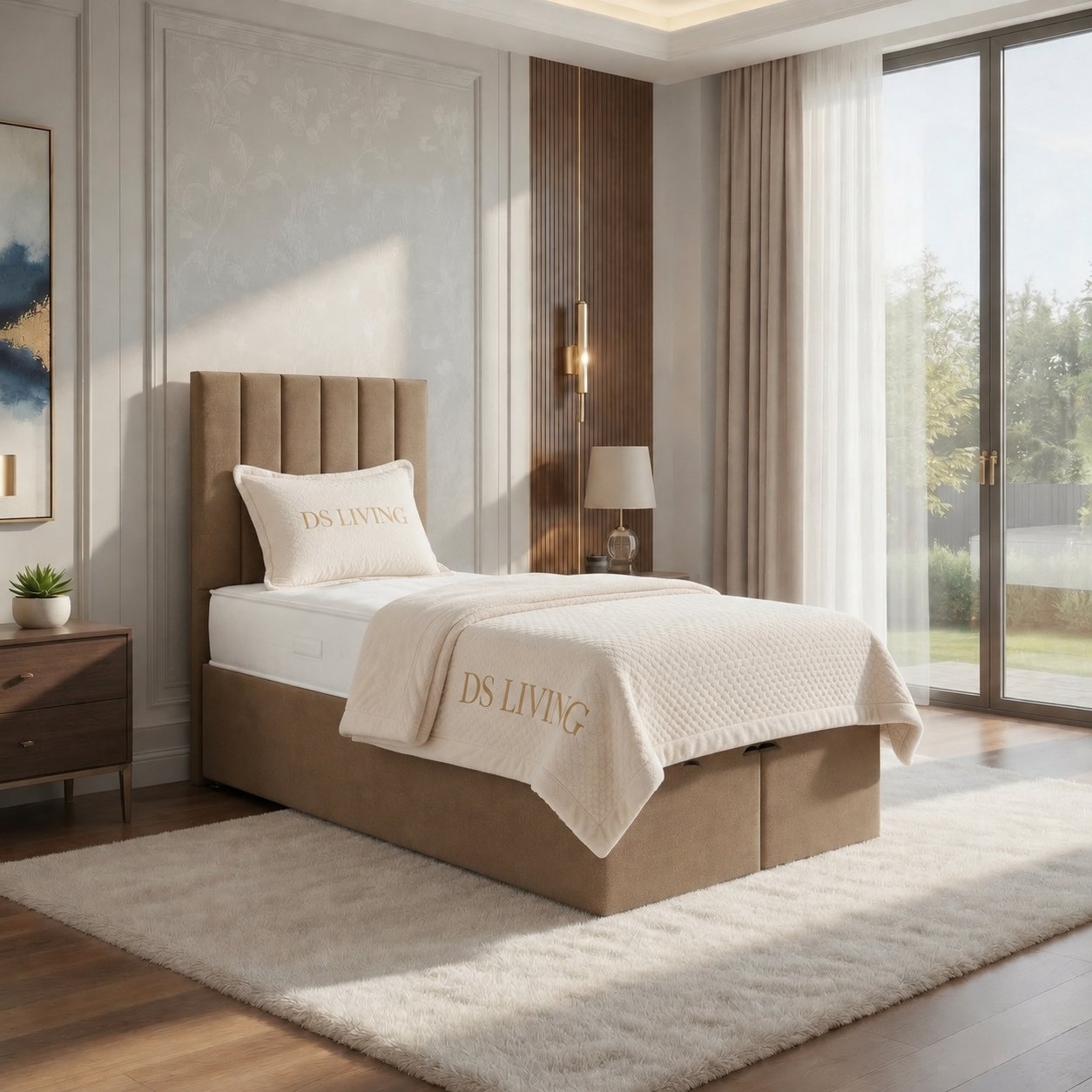 DS Living Aria Single Upholstered Ottoman Bed Frame - Beige
