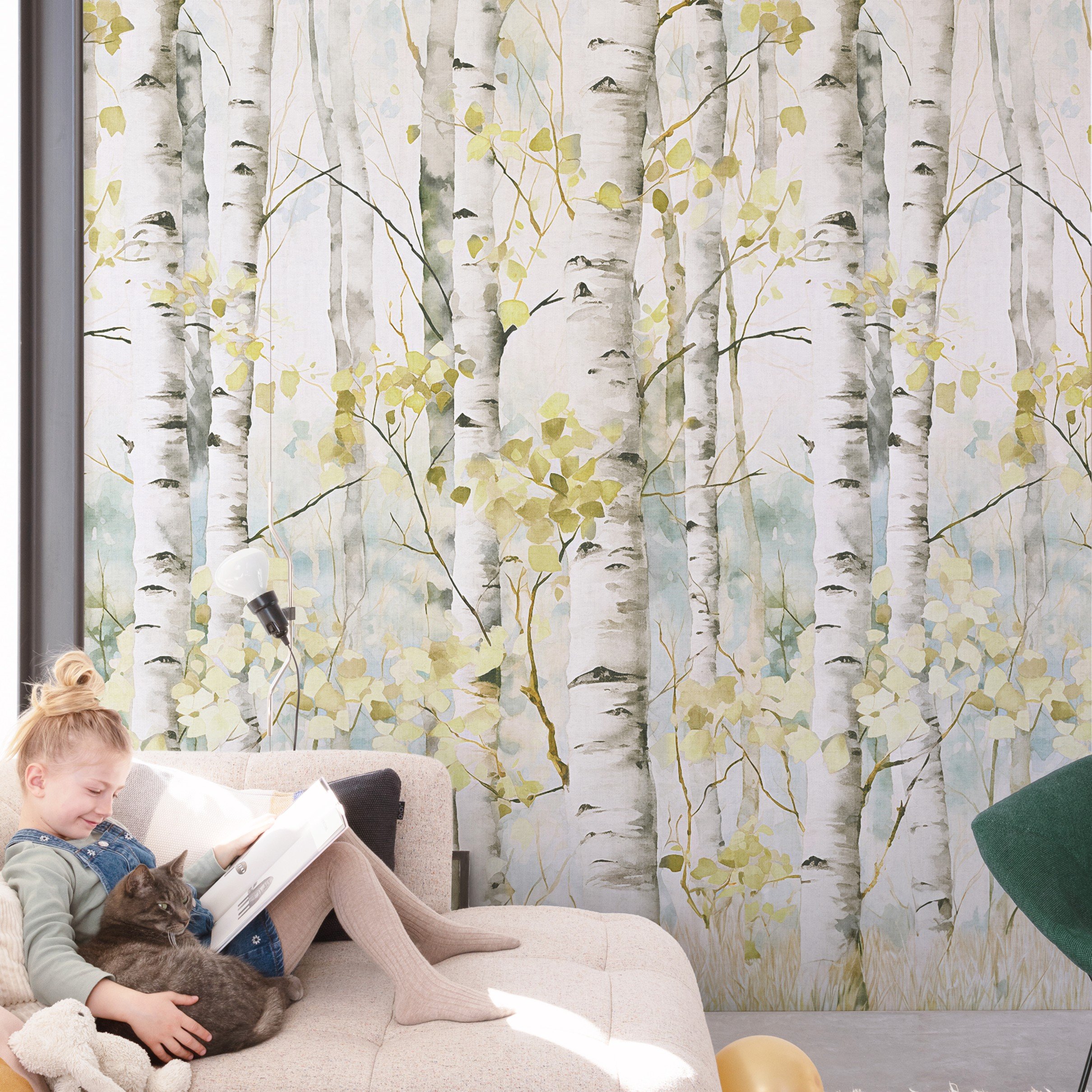 Grandeco Betula Silver Birch 3 Lane Repeatable Wallpaper Mural   - Neutral