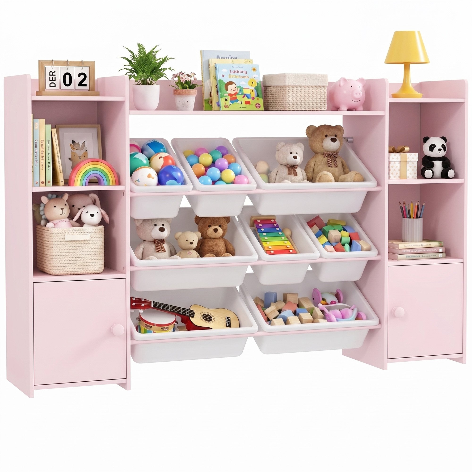 AIYAPLAY 140cm 8 Bin MDF Kids Bookshelf and Toy Storage Organiser – Pink