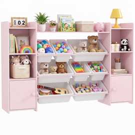 AIYAPLAY 140cm 8 Bin MDF Kids Bookshelf and Toy Storage Organiser – Pink