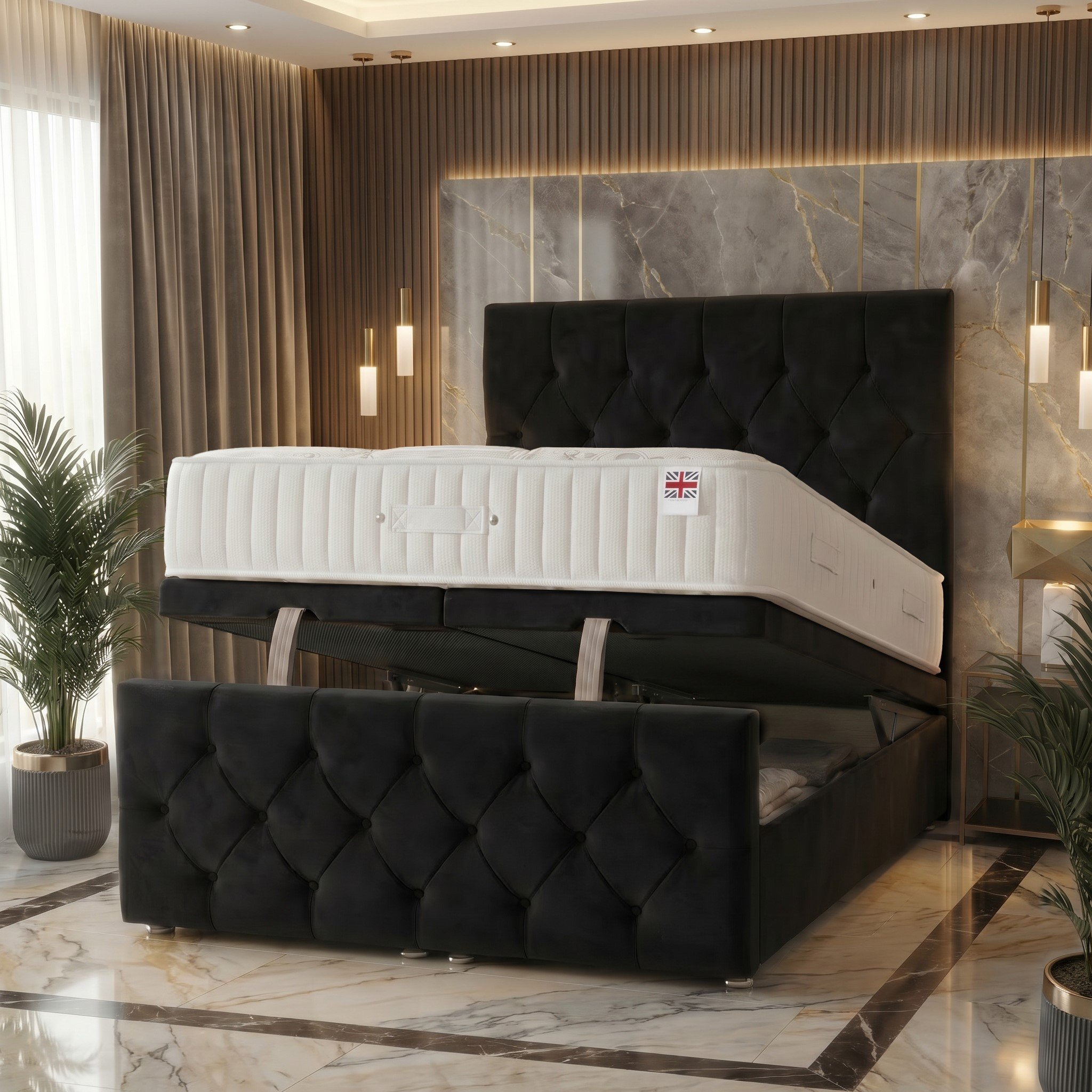 Somnior Chester Velvet Super King Ottoman Bed with Ortho Mattress - Black