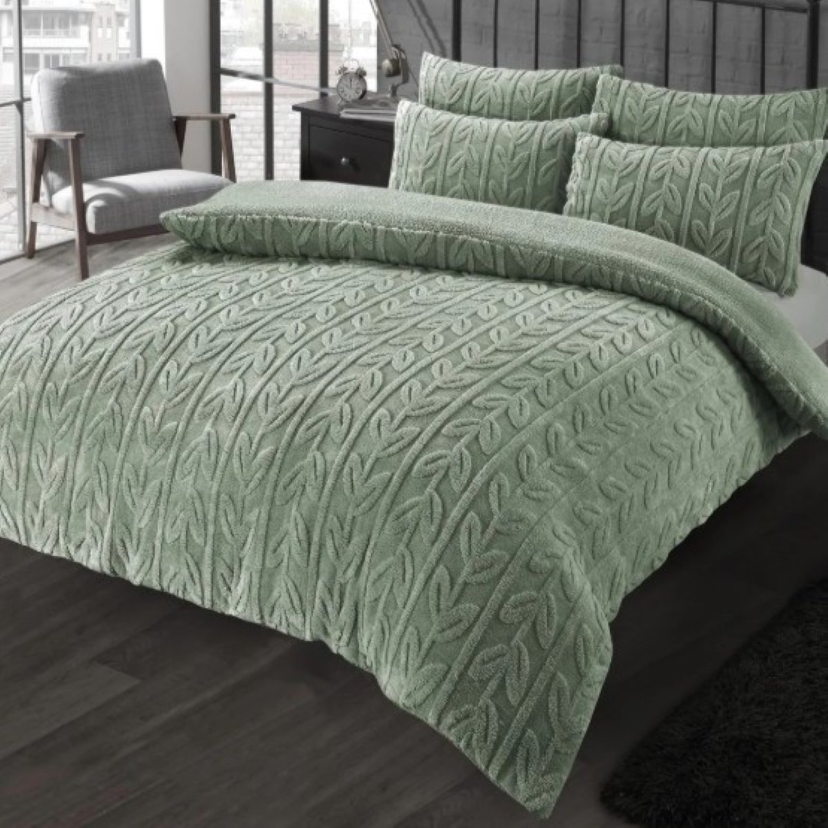 New Edge Blinds Leaf Printed Teddy Sage Green Duvet Set - Single