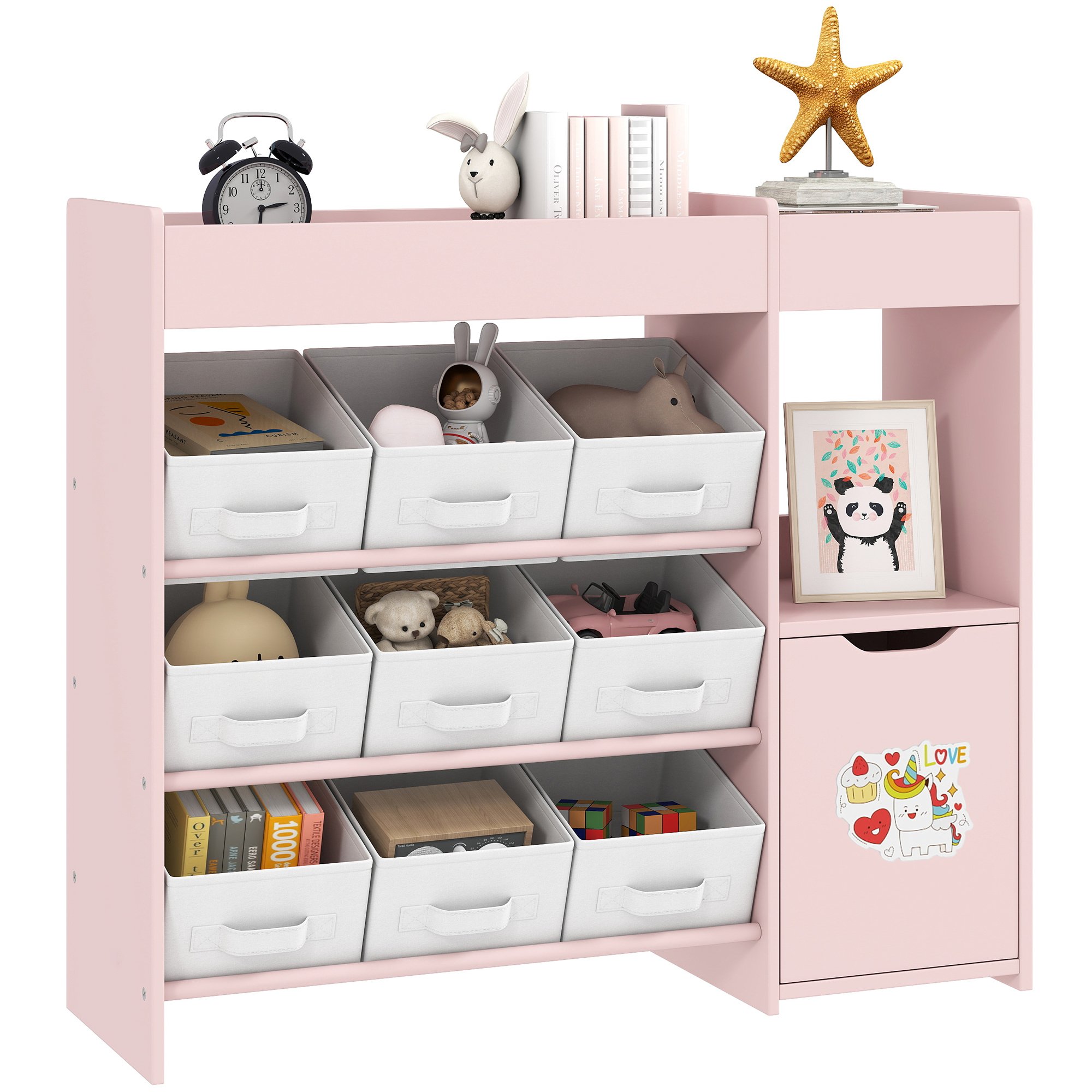 AIYAPLAY 9 Removable Fabric Bins MDF Toy Storage Unit with Bookshelf