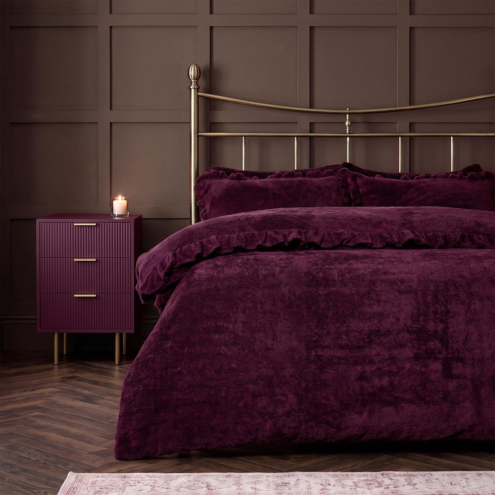 OHS Frill Teddy Fleece Plum Duvet Set -  Single