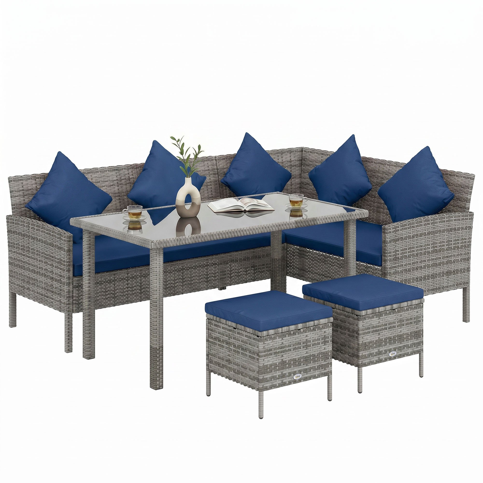 Outsunny 5 Piece 6 Seater Rattan Dining Set with Wide Seat - Dark Blue
