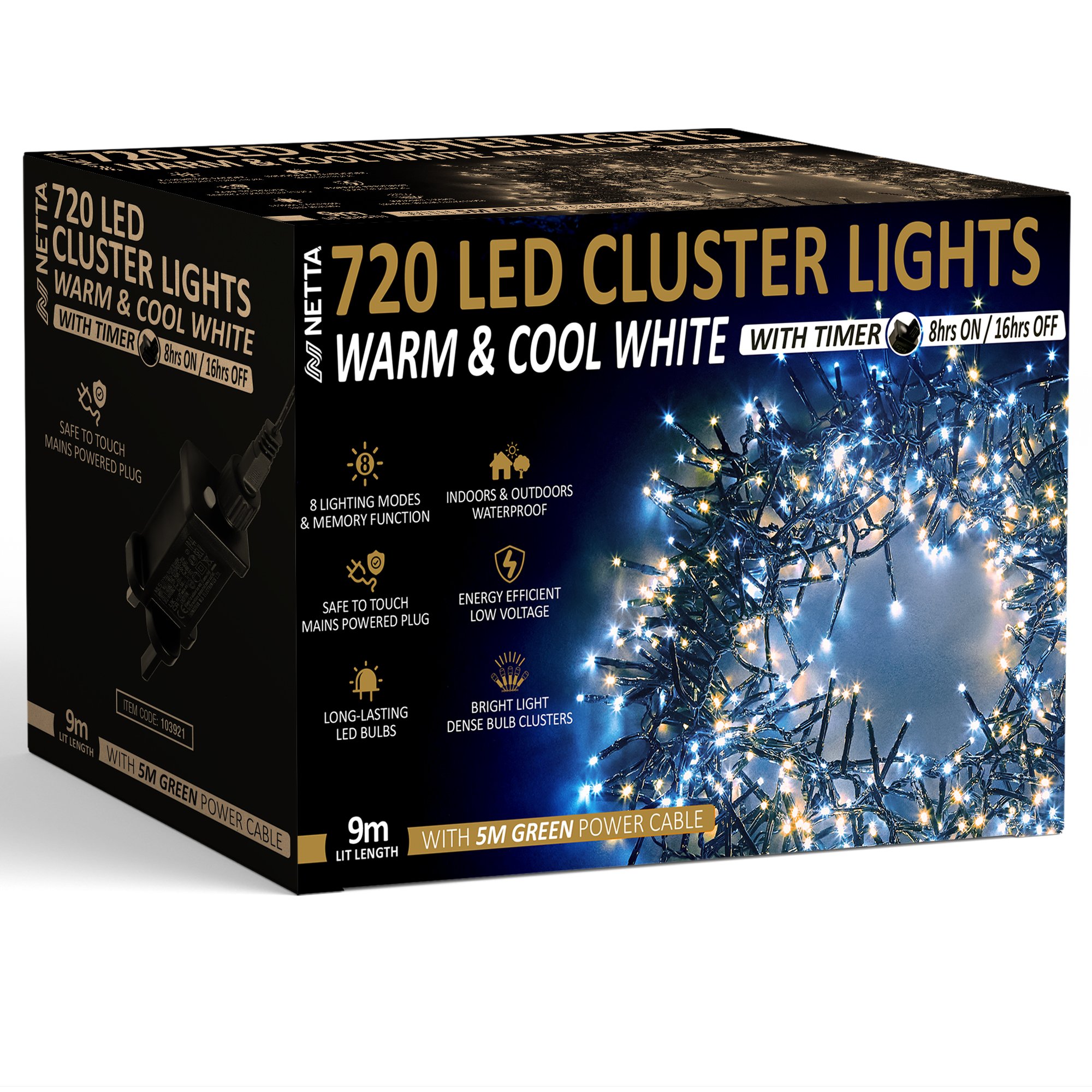 NETTA 720 LED 9m Christmas Cluster String Lights with Timer - Warm & Cool White