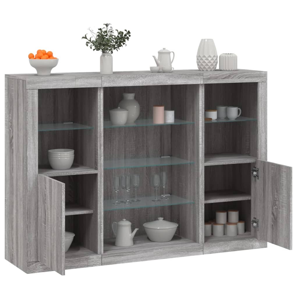 Walplus Pack of 3 LED Sideboard - Grey Sonoma - 142.5 x 37 x 100 cm