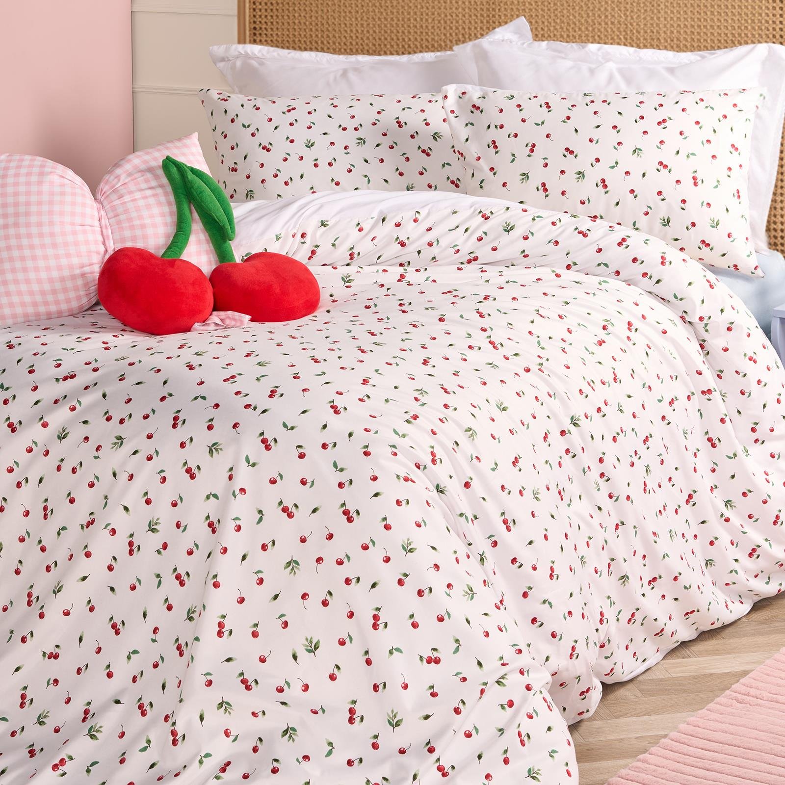 OHS Ditsy Cherry Bedding Microfibre Duvet Cover Set White - Double