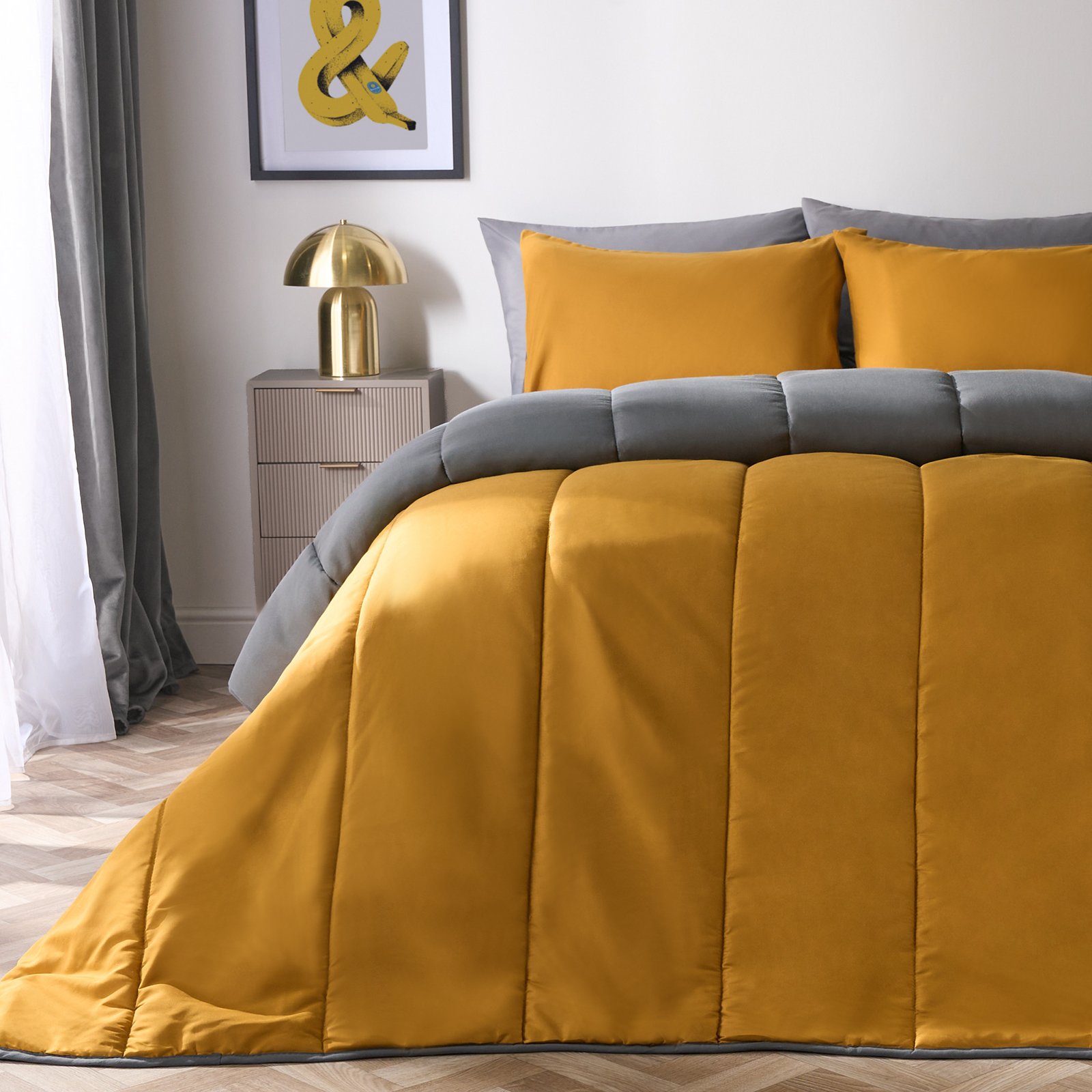 OHS Reversible 10.5 Tog Coverless Duvet Set Bedding Grey/Ochre - Single