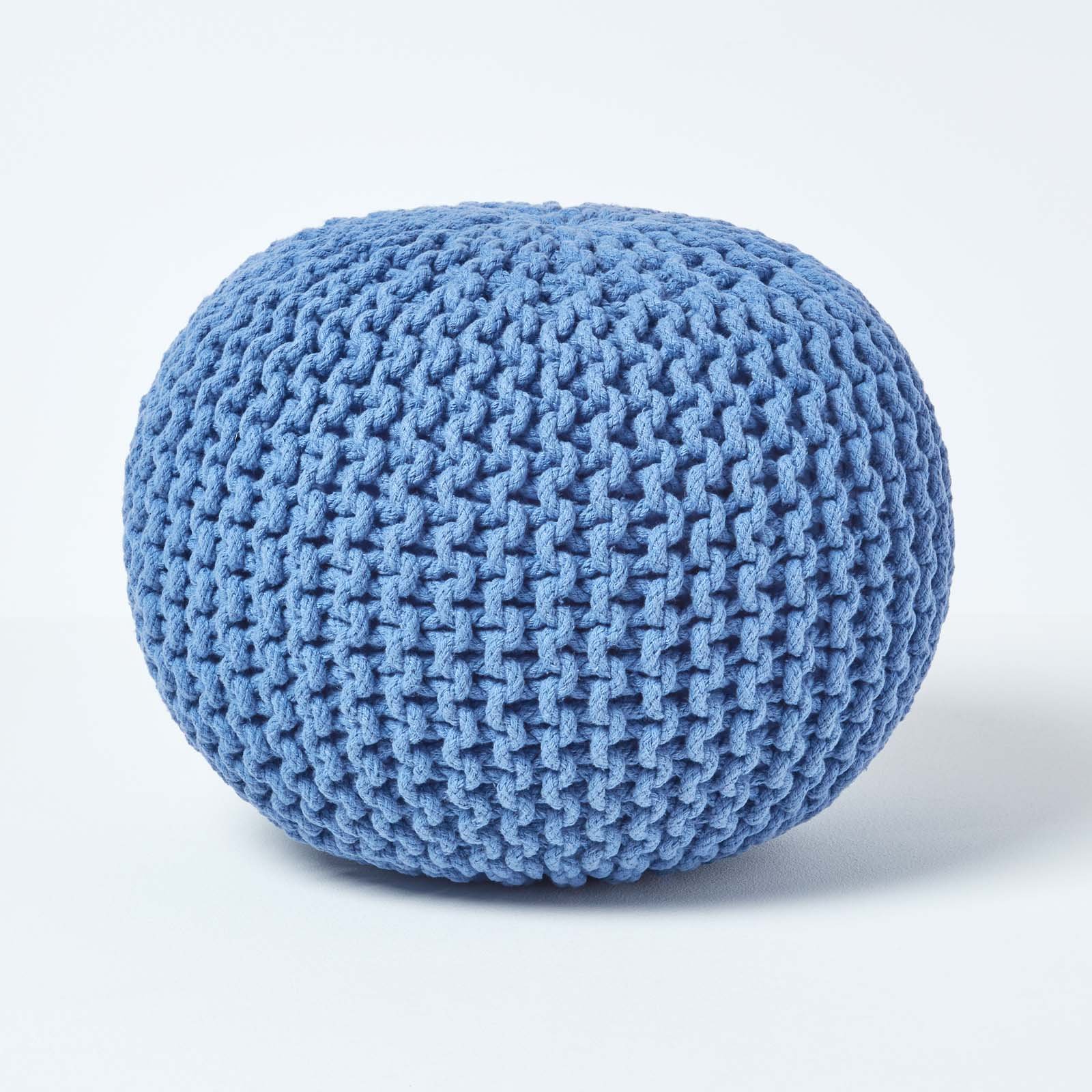 Homescapes Round Cotton Knitted Pouffe Footstool – Blue