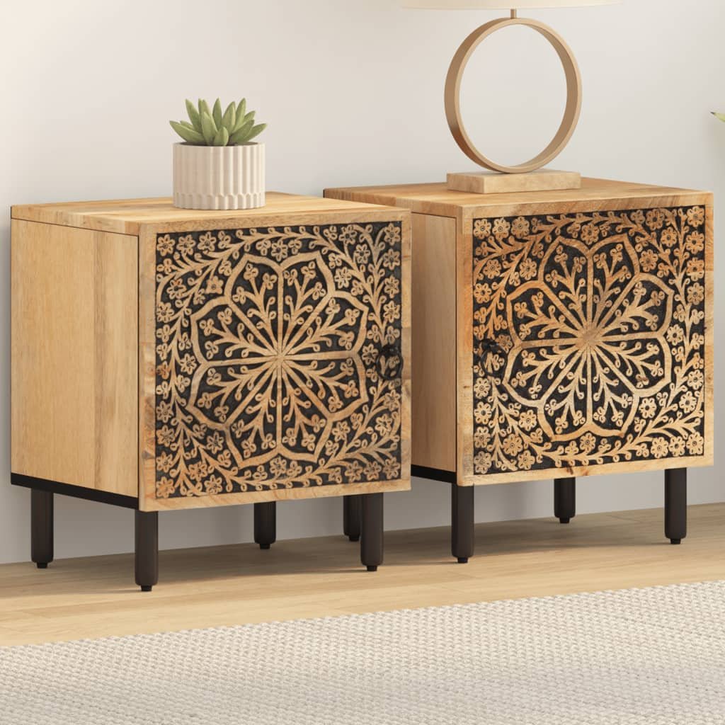 Walplus Pack of 2 Solid Mango Wood Bedside Cabinet - Brown - 40 x 33 x 46 cm