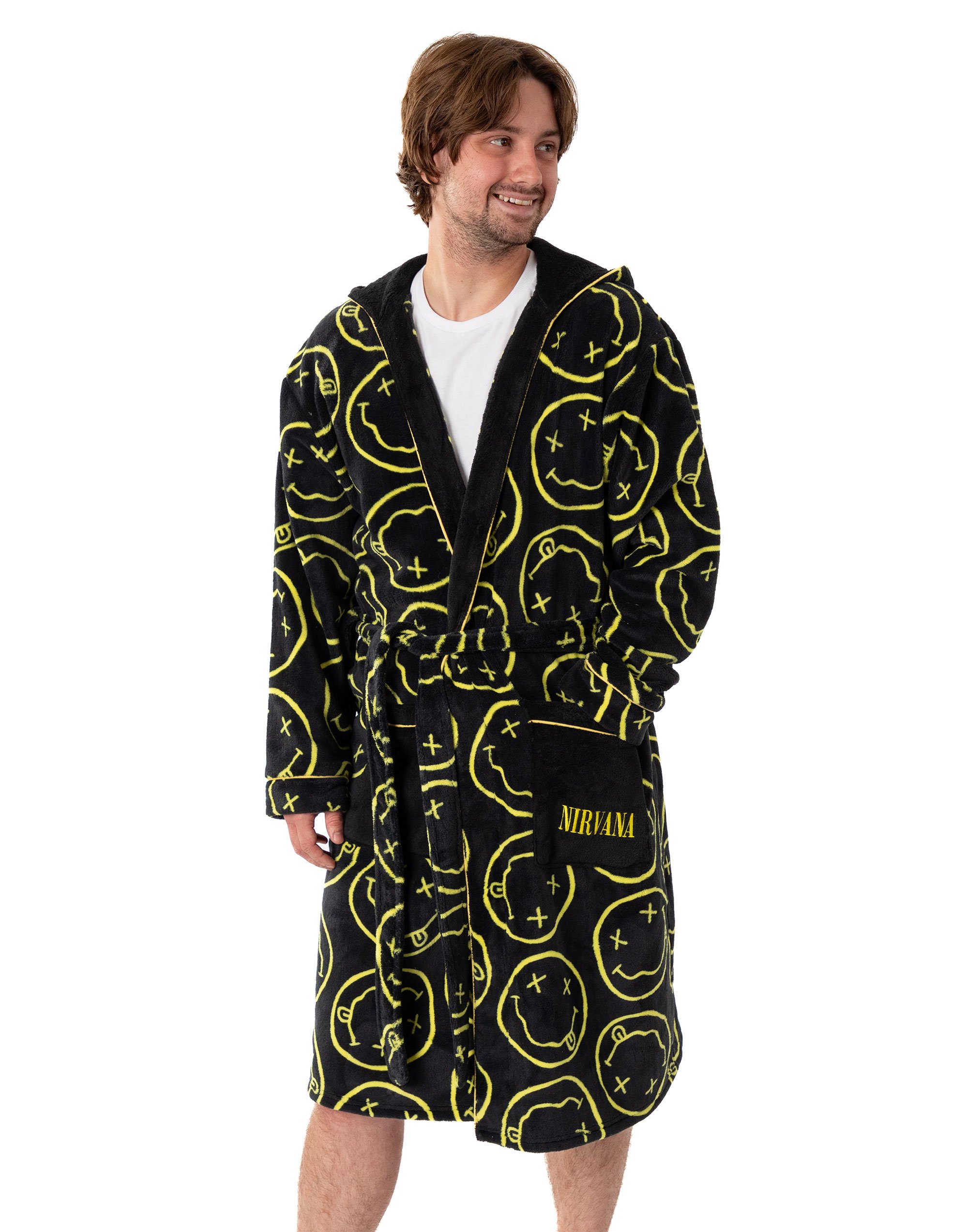 Nirvana Logo Adult Mens Black Hooded Bathrobe - XXL