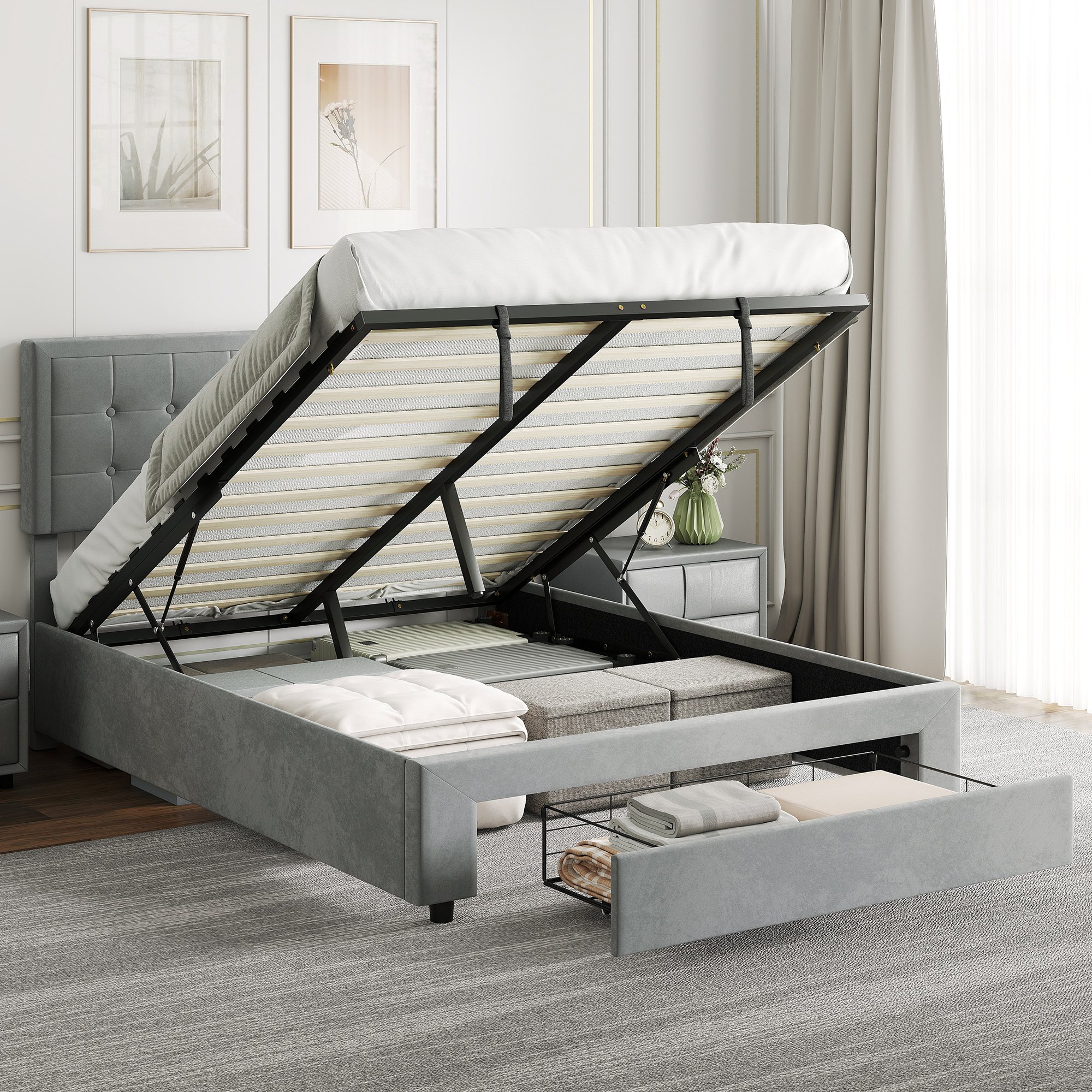 HOMCOM 4FT6 Double Upholstered Ottoman Bed Frame with Storage Drawer - Grey