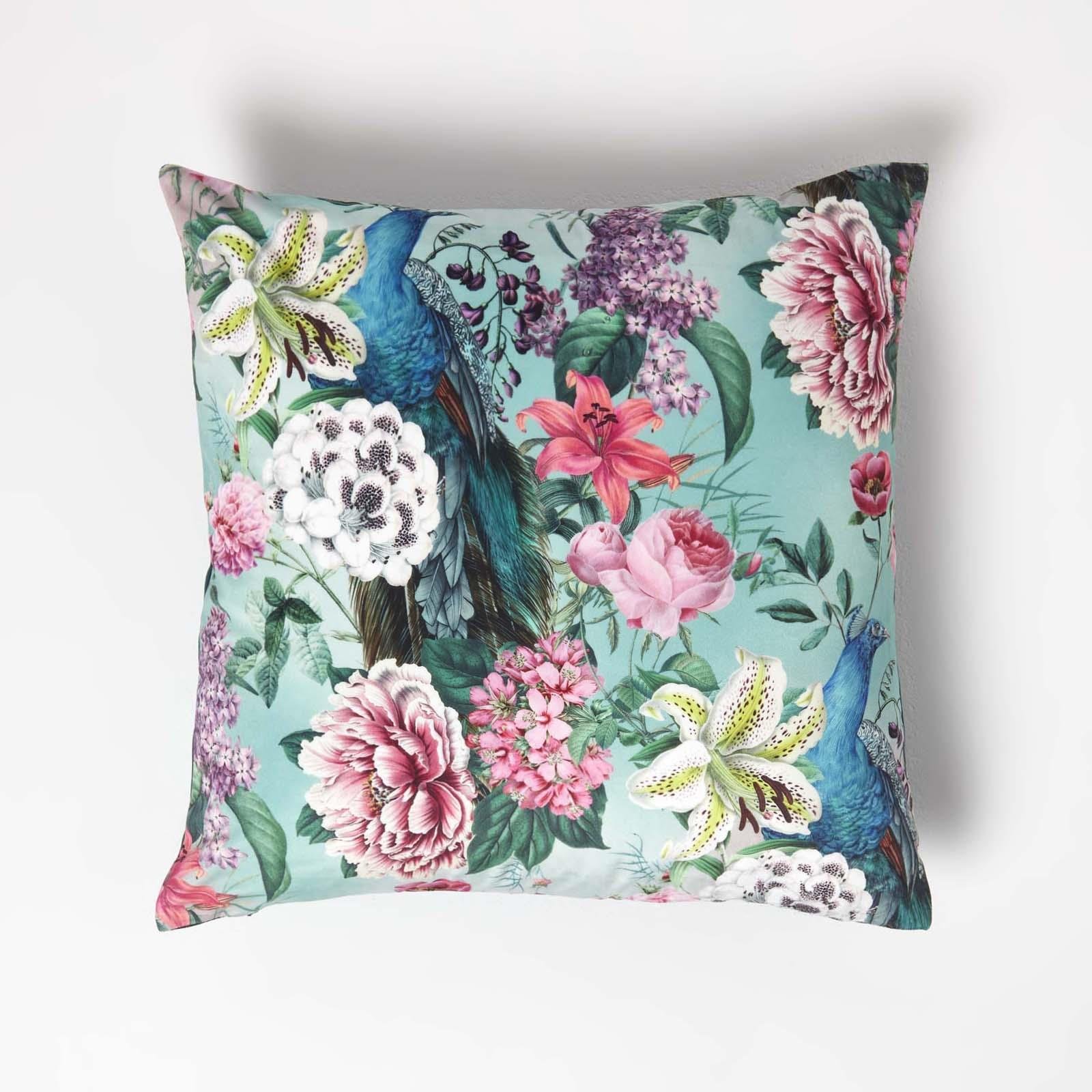 Homescapes Pink & Green Floral Peacock Velvet Filled Cushion - 46 x 46 cm