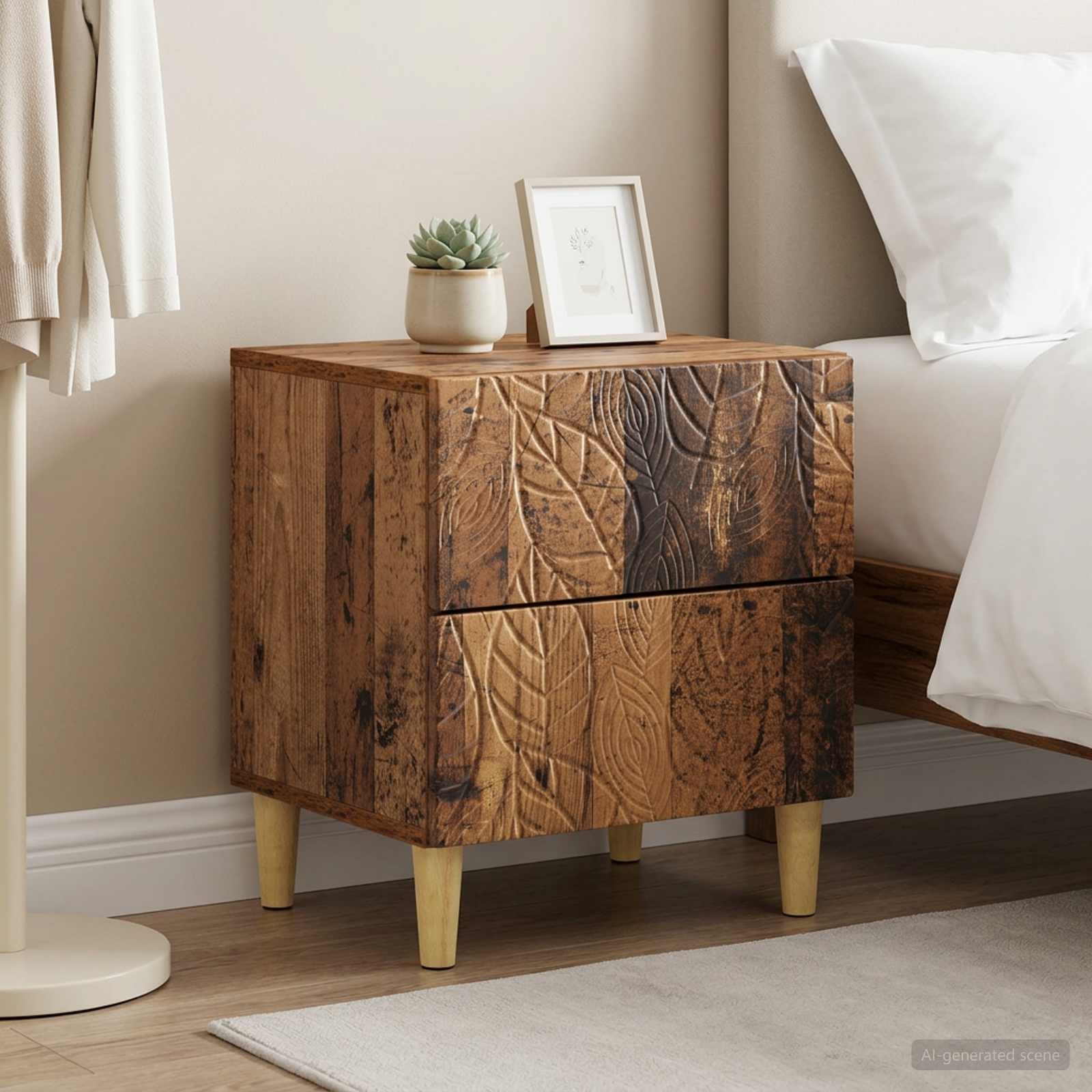 Walplus Pack of 2 Engineered Wood Bedside Table - Dark Wood - 43 x 34.5 x 48 cm
