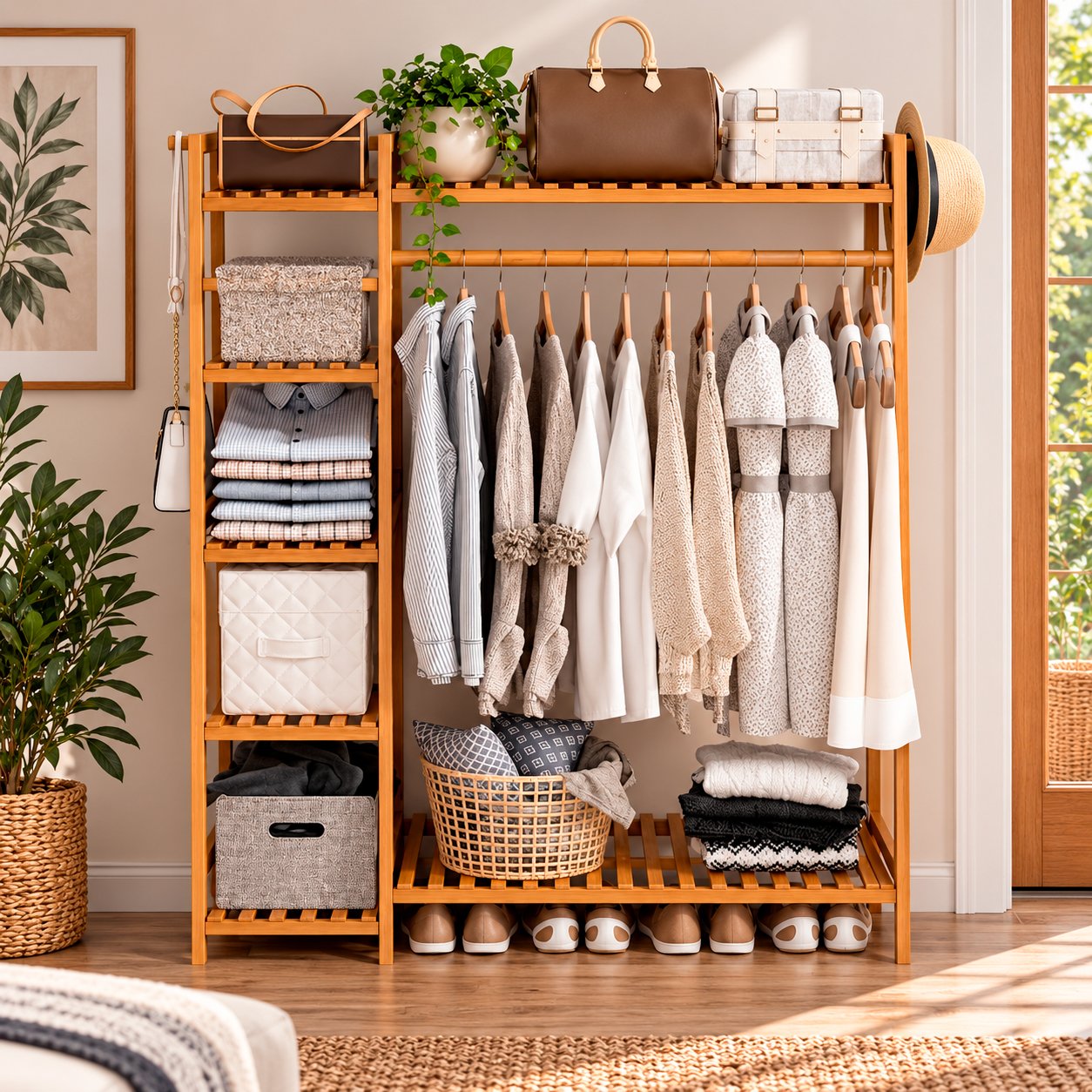 Neo Bamboo Clothes Rail with Storage Shelf and Side Hooks