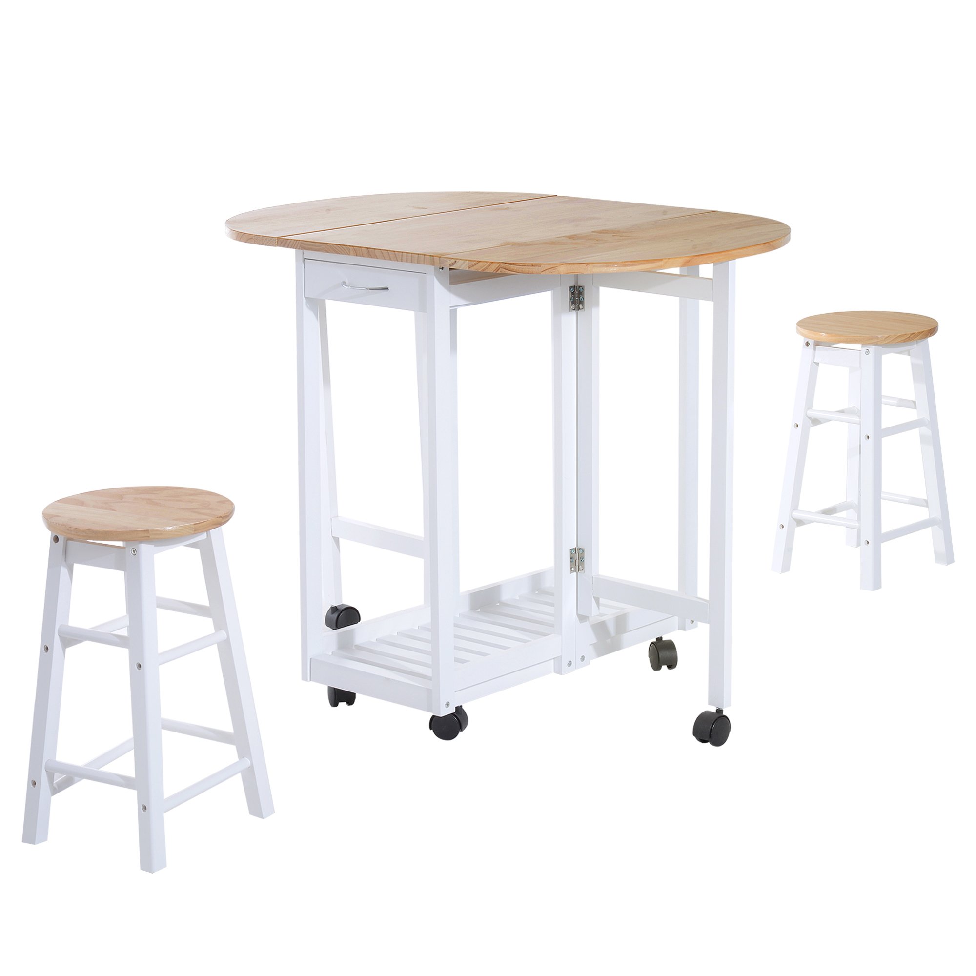 HOMCOM 3 Piece Foldable Dining Table with Storage Shelf - White