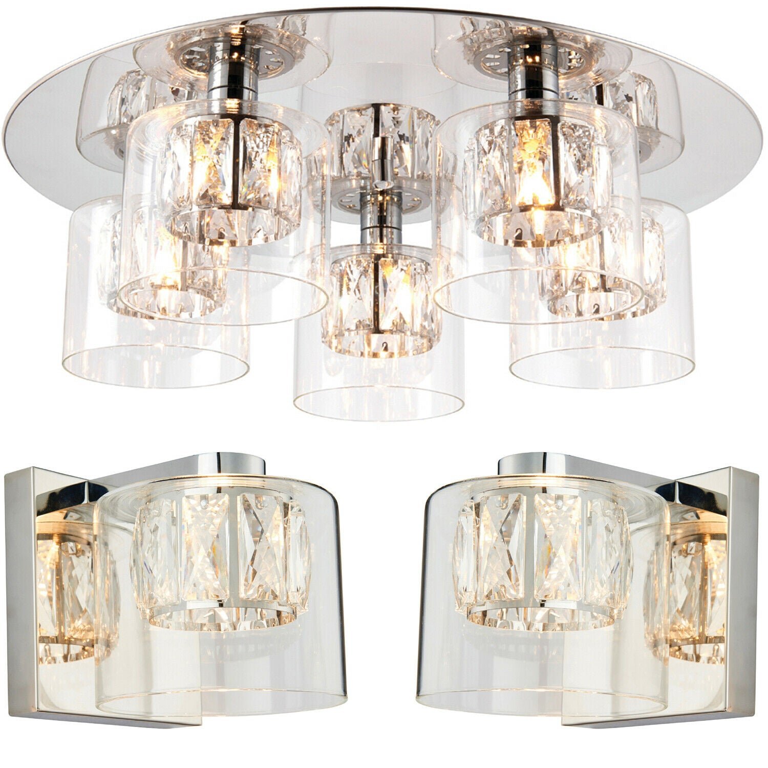 Loops Direct Steel Ceiling Light and Wall Lights - Chrome