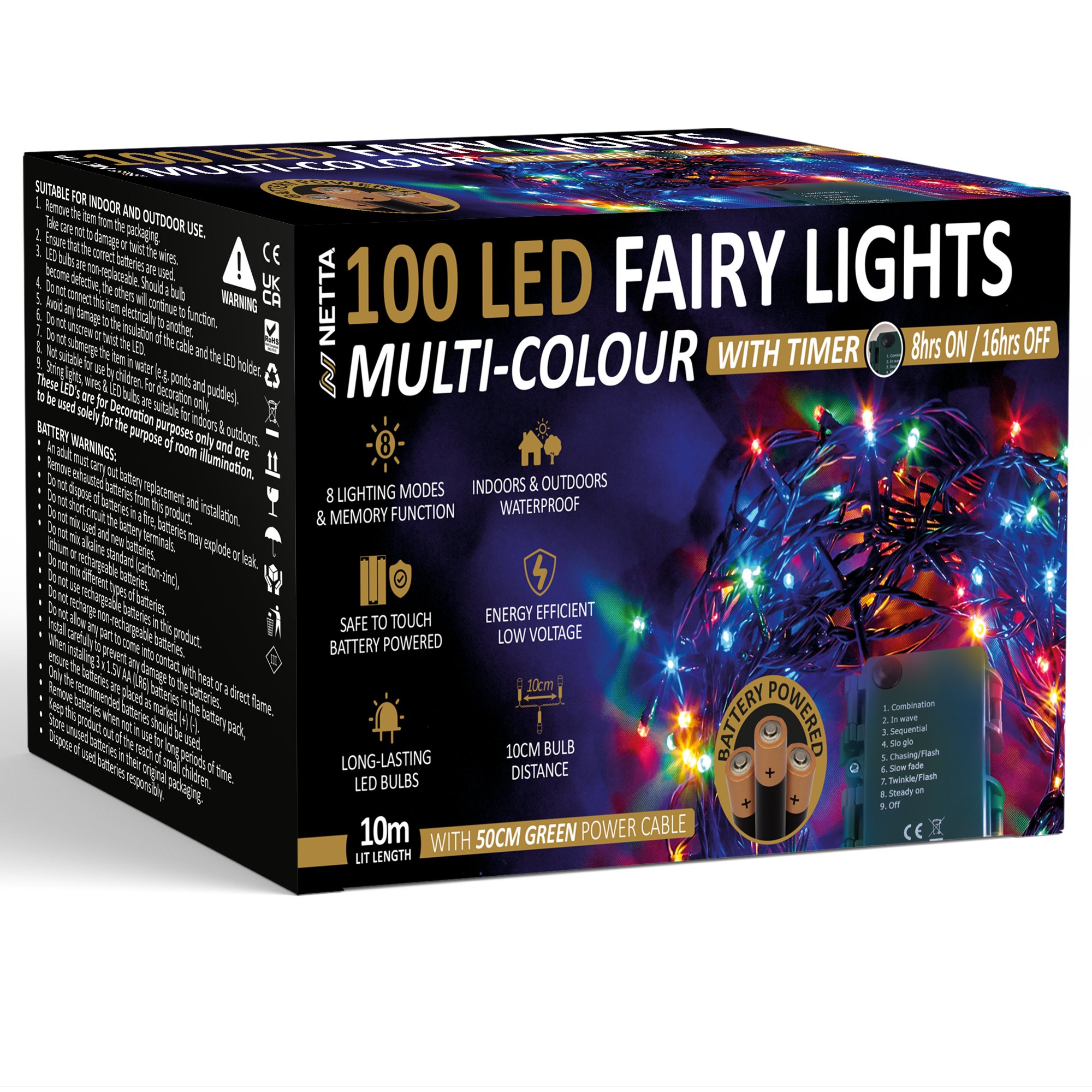 NETTA 10m 100 LED Battery Operated Christmas Fairy Lights -Multi Colour