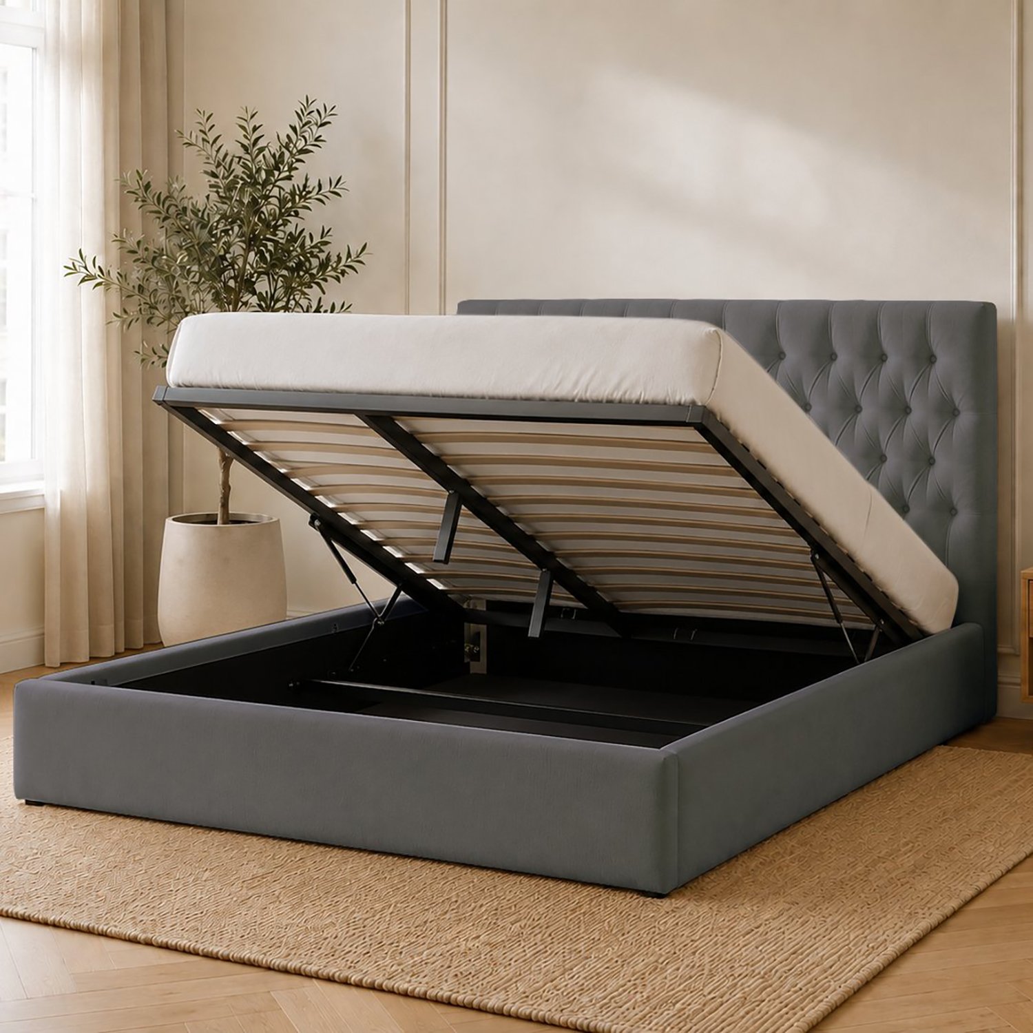 Snuggle Beds Elizabeth King Size Fabric Ottoman Bed Frame - Charcoal