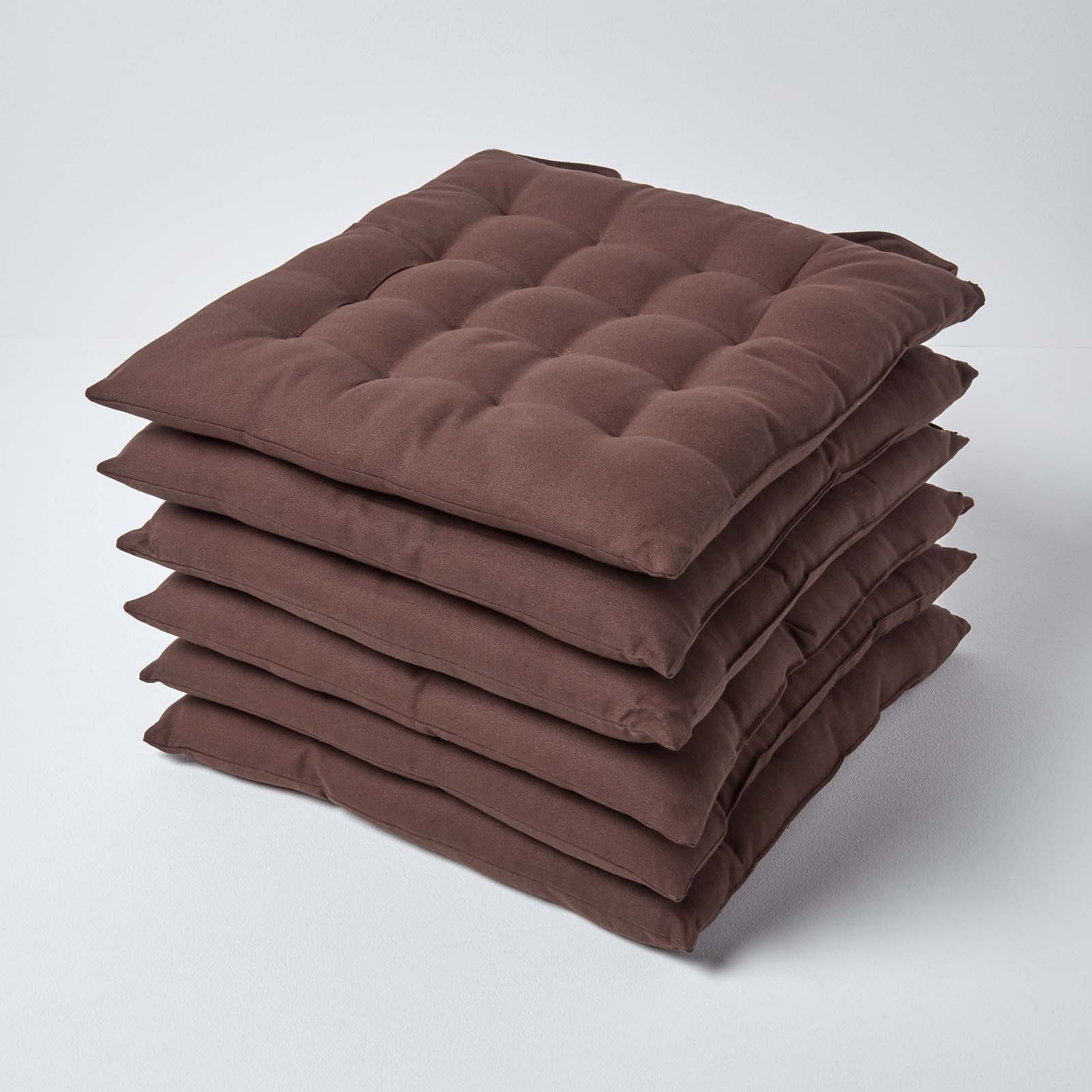 Homescapes Pack of 6 Cotton Seat Pad Chair Cushions - Chocolate