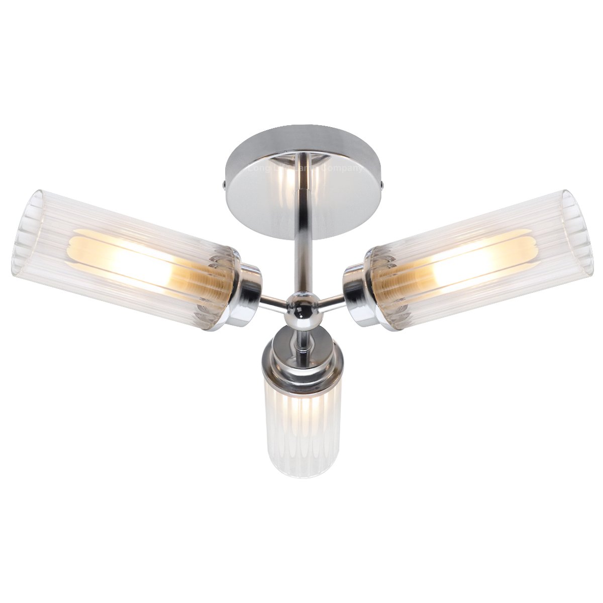 Energy Light Bulbs 3 Light Ribbed Tube Glass Ceiling Light IP44 - Chrome
