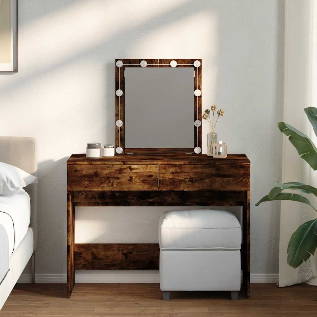 Walplus LED Glass Dressing Table - Smoked Oak - 100 x 40 x 130 cm