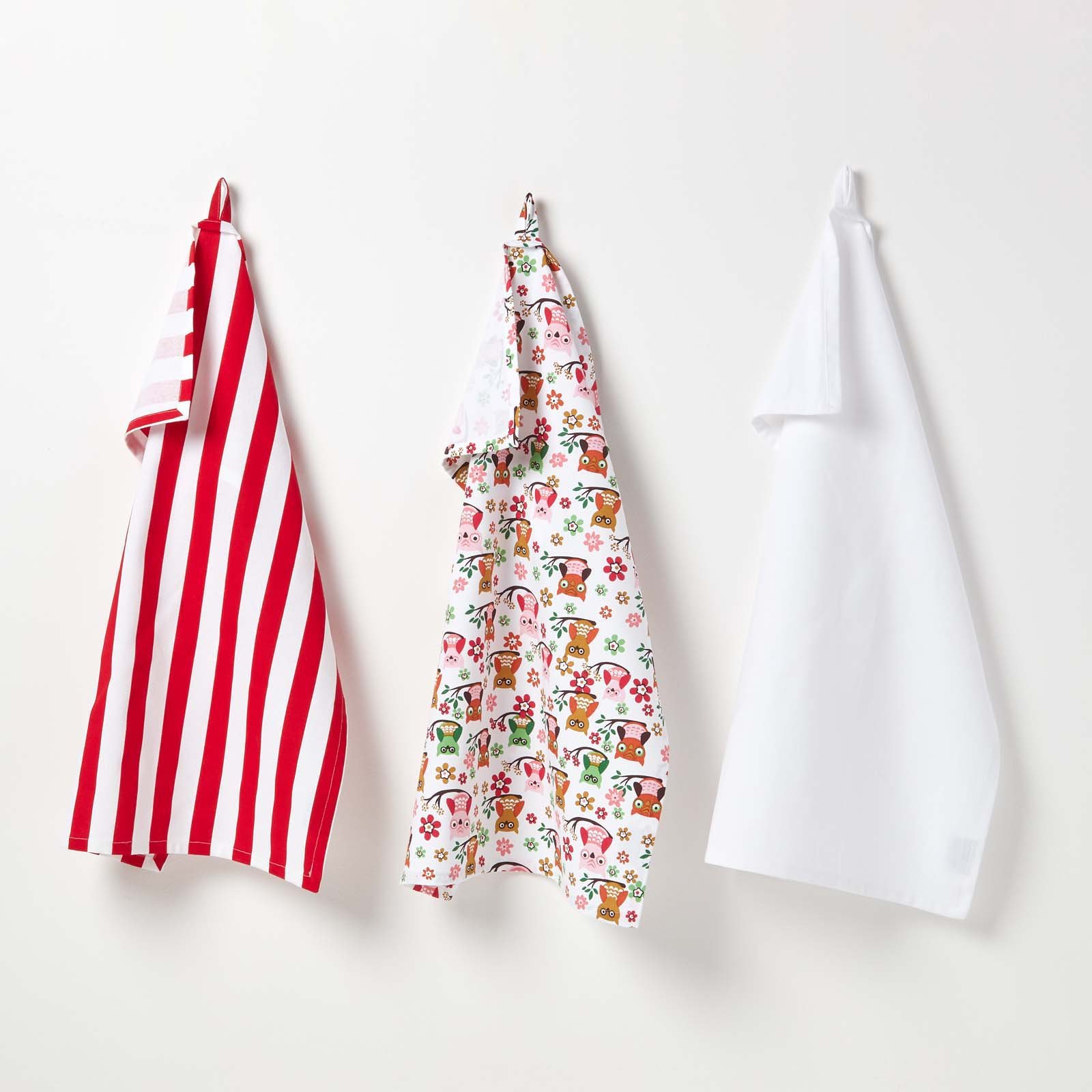 Homescapes Pack of 3 Red Owls Cotton Tea Towels - Red